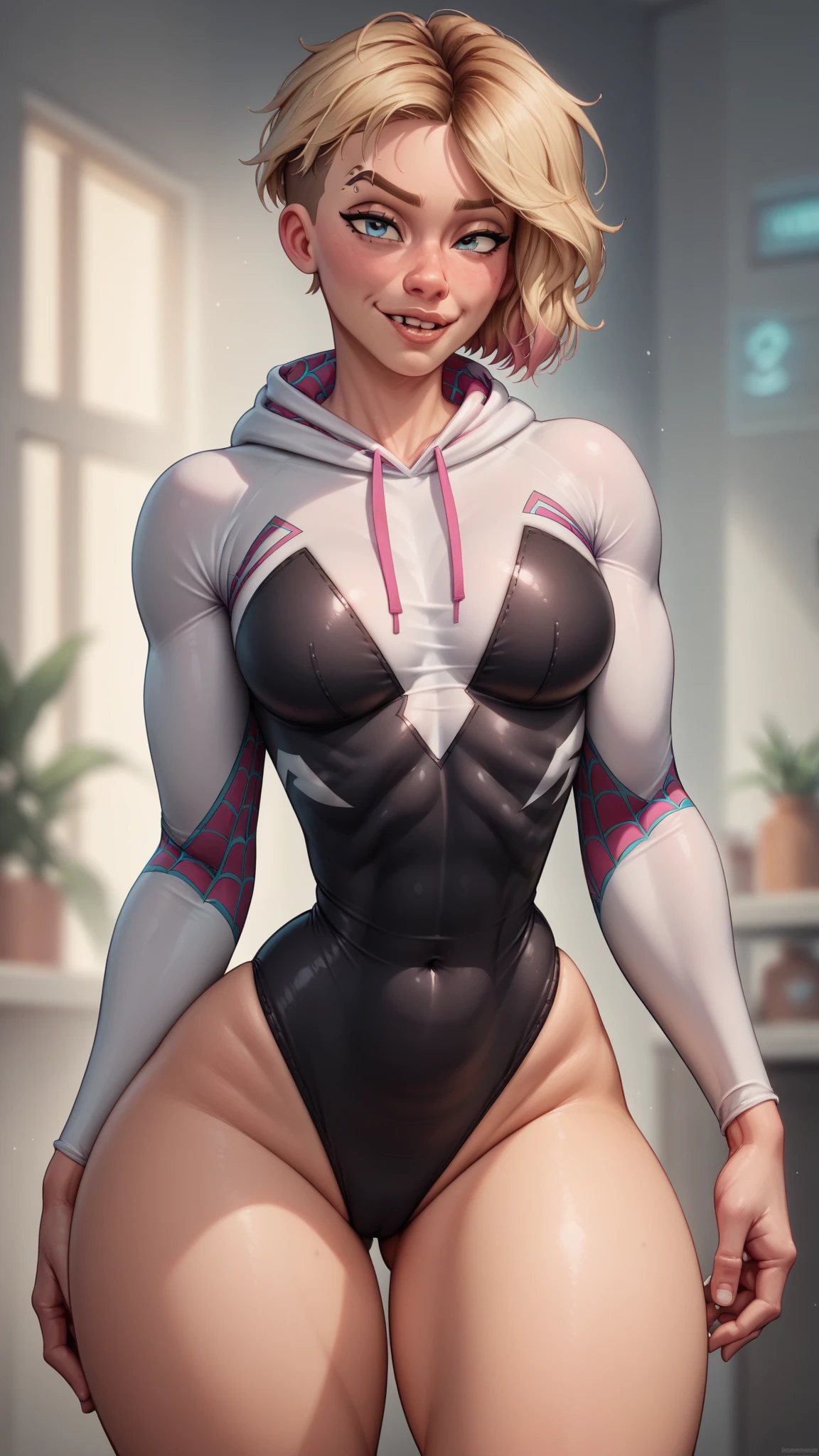 Gwen-aranha,illustration,pose sexy,Altas,traje detalhado e musculatura,seios grandes, Athletic body, perfectly shaped buttocks,high contrast, (8K UHD:1.2), (photorealistic:1.2),(masterpiece:1.4), (best quality:1.4),extremely detailed wallpaper, highly detailed illustrations, ((1 Girl)) , (super-complex details) official art, unity 8k wallpaper, ultra detailed, beautiful and aesthetic, masterpiece, best quality, ( zentangle, mandala, tangle, entangle), (fractal art:1.3) , masterpiece, , intricate detail,((bulking)),covered body upper body,(body builder:1.7), muscular, bob hair, busty, sexy, curvy, crazy abs, upper , from front angle, raised hand, armpit, looking into camera, masterpiece, best quality, high quality, high definition, high quality texture, high quality shadow, high detail, beautiful detailed, fine detailed, extremely detailed cg, detailed texture, a realistic representation of the face, realistic, colorful , delicate, cinematic light, side light, Lens Flare, Ray Tracing, tailed beautiful delicate face, detailed beautiful delicate eyes, mature female, ((long blonde hair, ponytail , bored, pompadour cut, muscular, toned, navel, ripped abs, thick thighs, broad shoulders, big arm muscles, meaty leg muscles, thick eyelashes, makeup, the ends of the hair are pink, cores vibrantes,facial expressions that exude confidence and allure,spider web pattern on costume,dynamic lighting,sharp focus,estilo anime,olhos brilhantes,quadris atraentes,cintura fina,Tall and fit build+pernas longas.