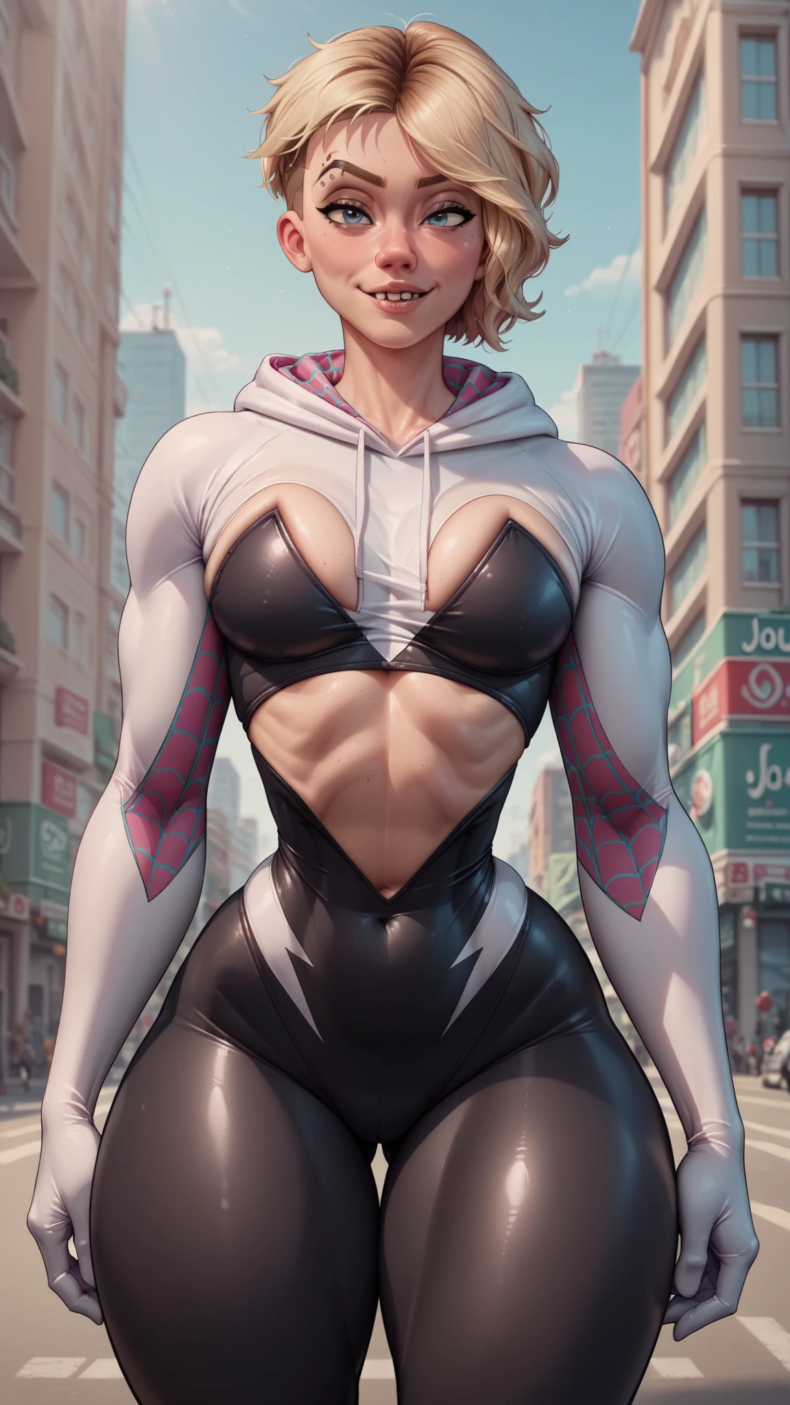 muscle girl, abs, extremely muscular girl, sexy, big breasts, legs open, legs open,(Gwen Stacy, short blonde hair, blue pupils, short hair), armhole, belly button, solo, looking at the viewer, eyes open, embarrassed face , flushed, barefoot, belly, body, (big breasts), (Normal Waist: 1.2), (Thick Lips: 1.3), small nose, looking at viewer, thigh highs, bracelet, anklet, choker, necklace, harness suit, netless, shiny skin, oily skin,