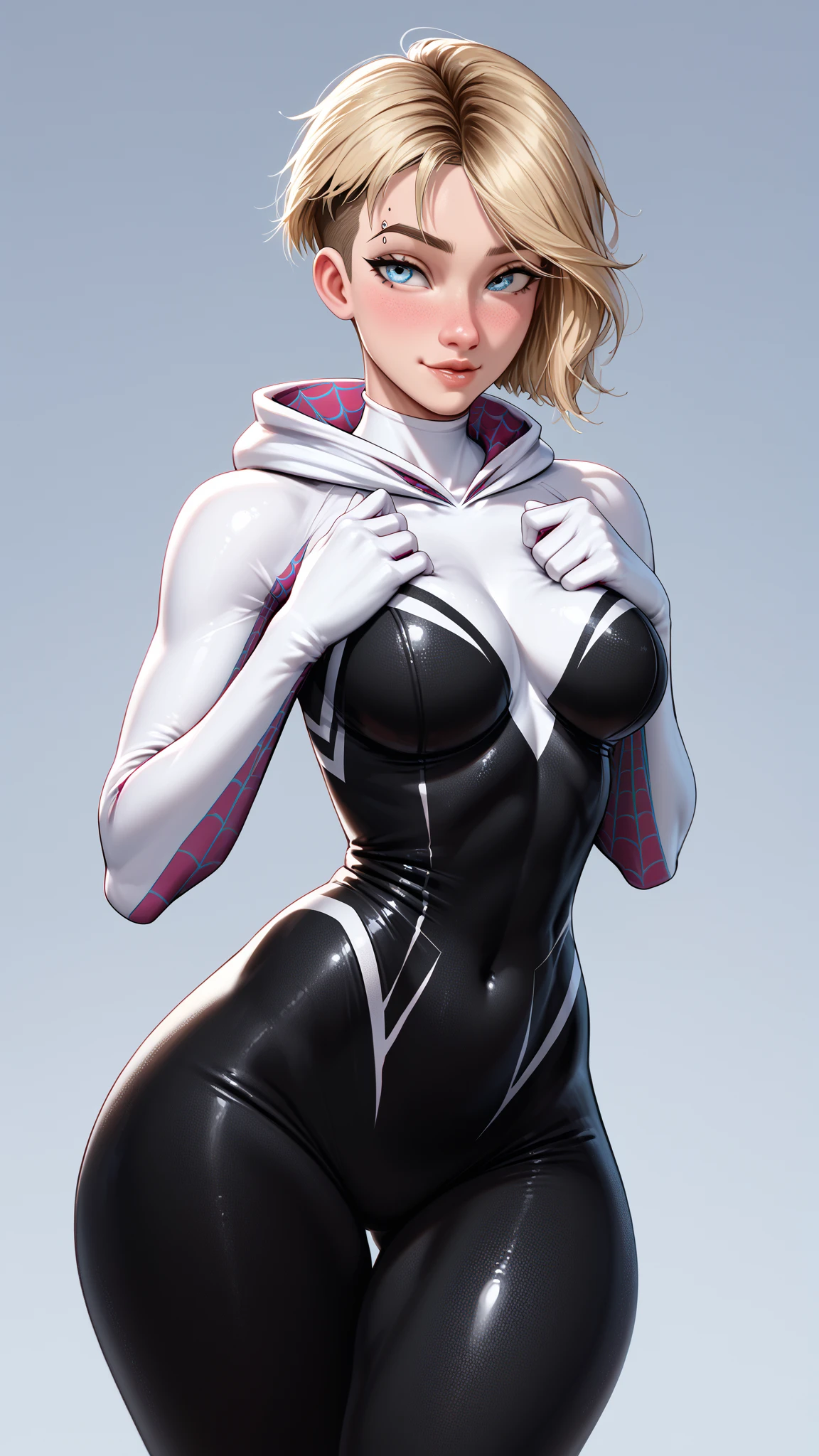 Gwen-aranha,illustration,pose sexy,Altas,traje detalhado e musculatura,seios grandes, Athletic body, perfectly shaped buttocks,high contrast, (8K UHD:1.2), (photorealistic:1.2),(masterpiece:1.4), (best quality:1.4),extremely detailed wallpaper, highly detailed illustrations, ((1 Girl)) , (super-complex details) official art, unity 8k wallpaper, ultra detailed, beautiful and aesthetic, masterpiece, best quality, ( zentangle, mandala, tangle, entangle), (fractal art:1.3) , masterpiece, , intricate detail,((bulking)),covered body upper body,(body builder:1.7), muscular, bob hair, busty, sexy, curvy, crazy abs, upper , from front angle, raised hand, armpit, looking into camera, masterpiece, best quality, high quality, high definition, high quality texture, high quality shadow, high detail, beautiful detailed, fine detailed, extremely detailed cg, detailed texture, a realistic representation of the face, realistic, colorful , delicate, cinematic light, side light, Lens Flare, Ray Tracing, tailed beautiful delicate face, detailed beautiful delicate eyes, mature female, ((long blonde hair, ponytail , bored, pompadour cut, muscular, toned, navel, ripped abs, thick thighs, broad shoulders, big arm muscles, meaty leg muscles, thick eyelashes, makeup, the ends of the hair are pink, cores vibrantes,facial expressions that exude confidence and allure,spider web pattern on costume,dynamic lighting,sharp focus,estilo anime,olhos brilhantes,quadris atraentes,cintura fina,Tall and fit build+pernas longas.