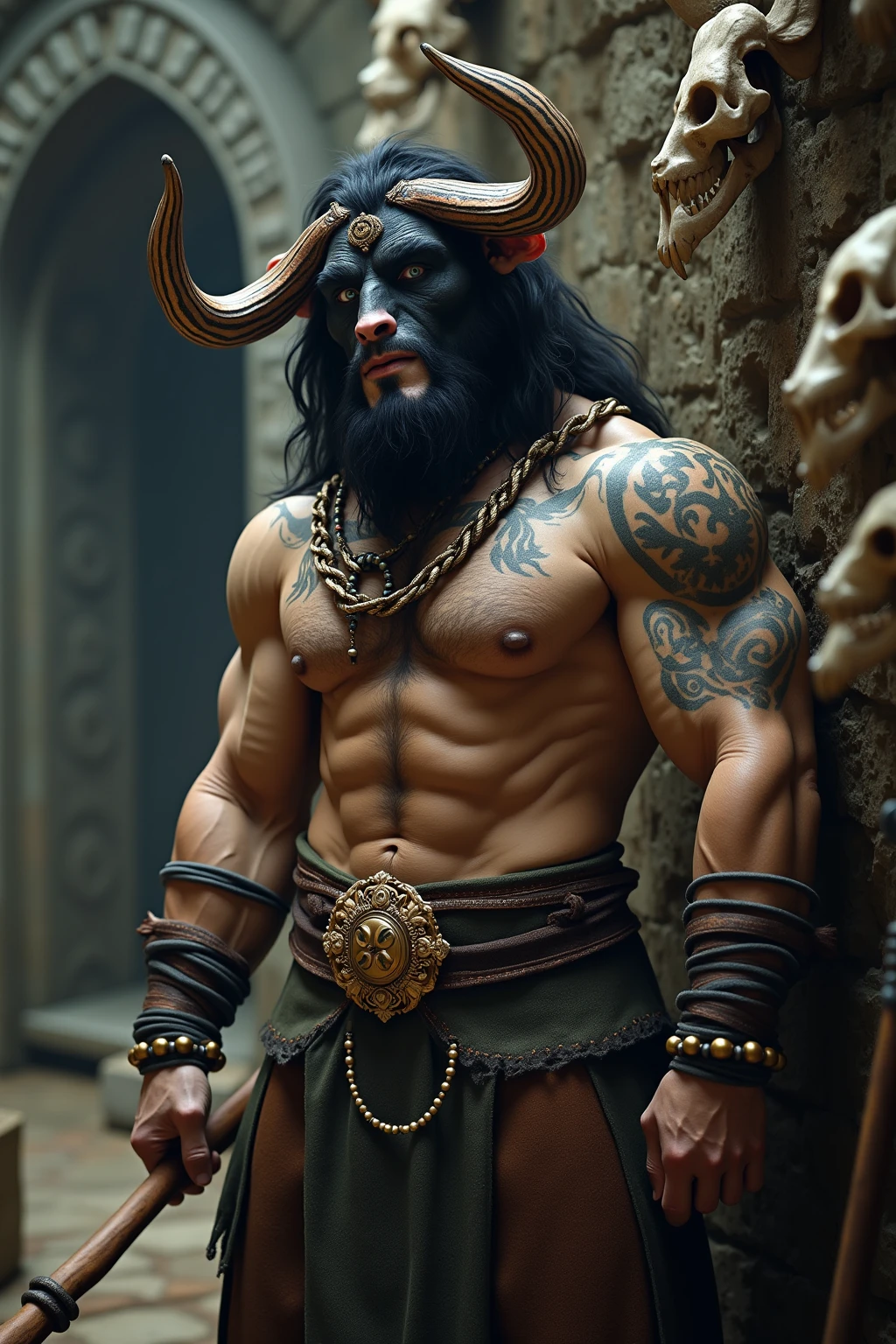 Big muscular hairy tauren, thick eyebrows, angry expression, laying down with open legs on a bird cage, covered in sweat and tribal tattoos, wearing a leather mask, wearing a short kilt and a leather harness, scars on body and face, sheat flacid thick equine penis covered in semen, long testicles and hairy anus showing, long tail up, low-angle shot