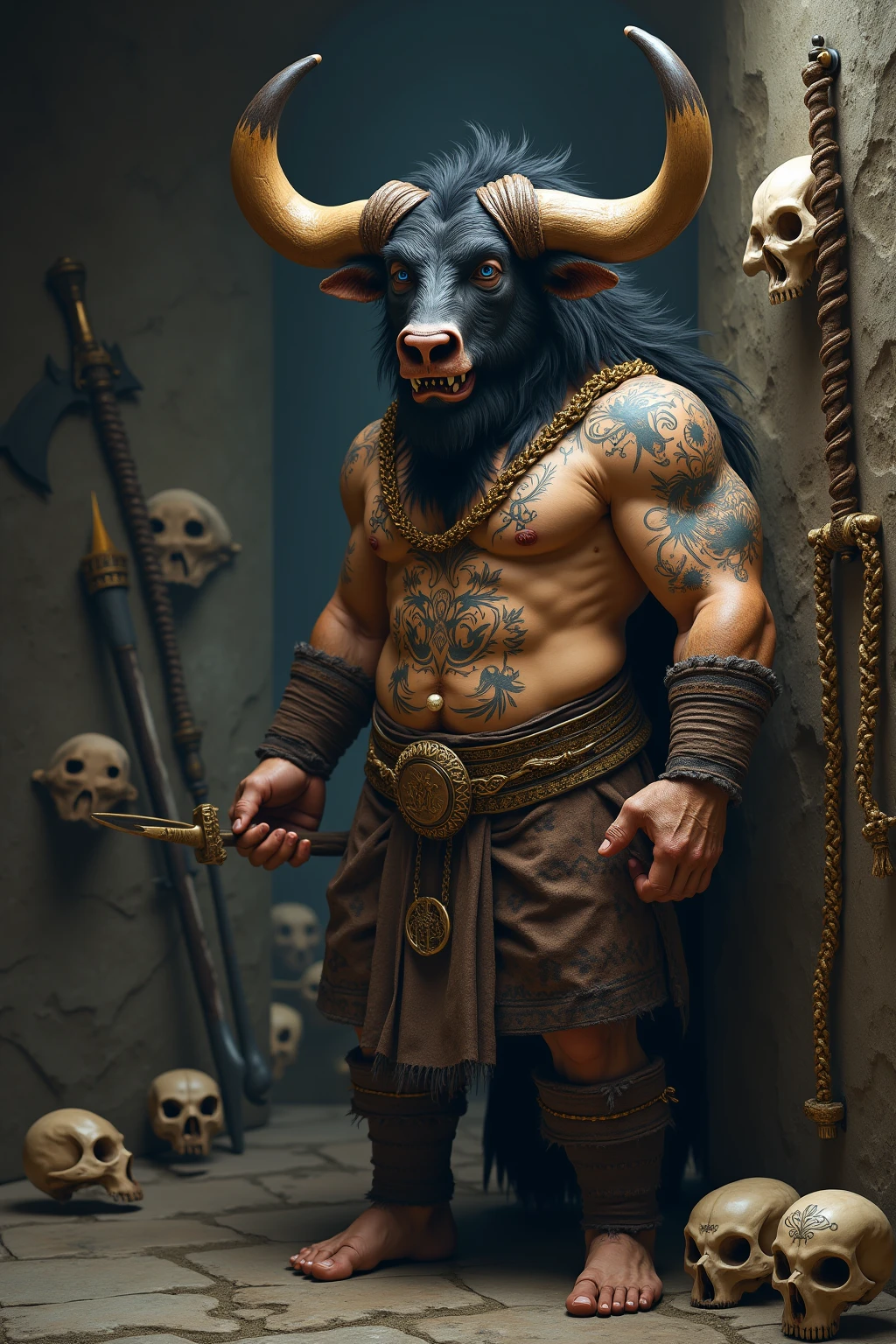 Big muscular hairy tauren, thick eyebrows, angry expression, laying down with open legs on a bird cage, covered in sweat and tribal tattoos, wearing a leather mask, wearing a short kilt and a leather harness, scars on body and face, sheat flacid thick equine penis covered in semen, long testicles and hairy anus showing, long tail up, low-angle shot