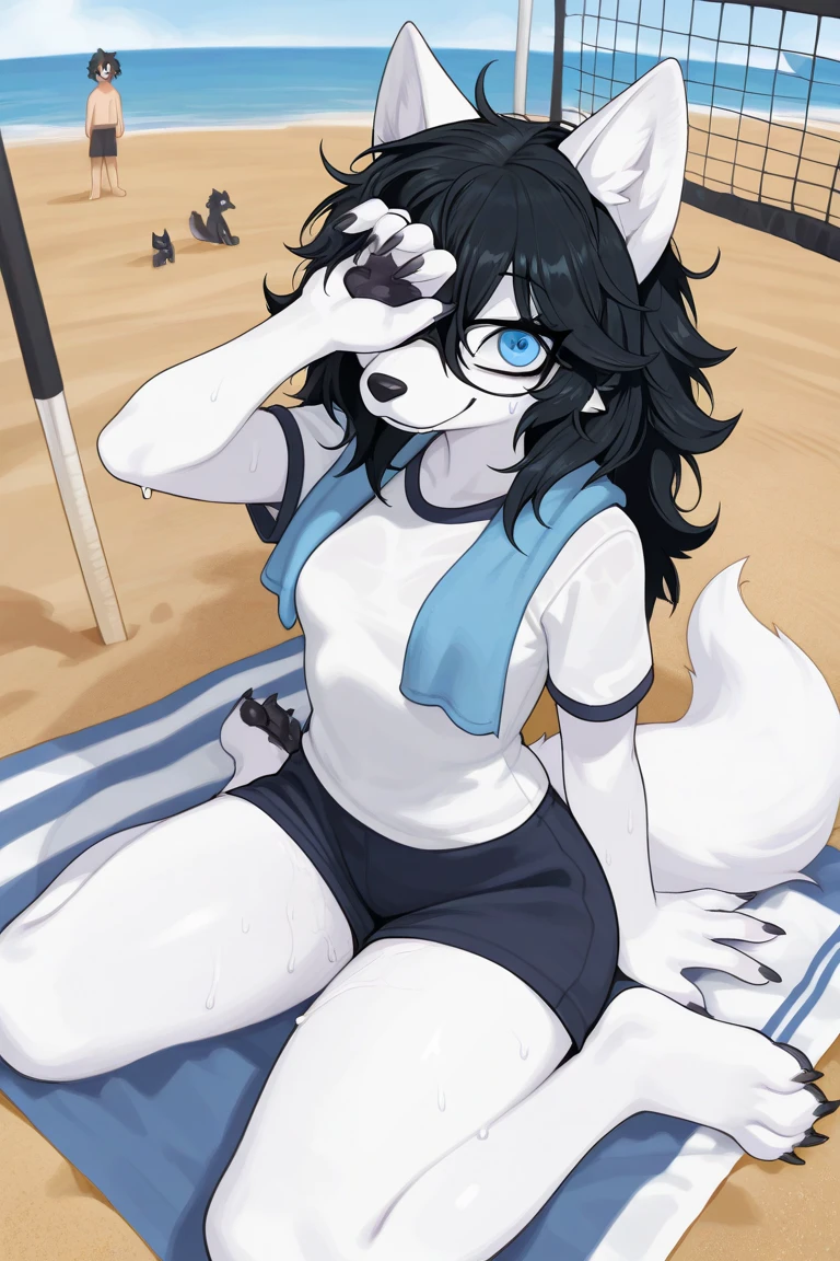 furry girl, cat, teenager, black hair, short spiky hairstyle, hair bang cover her eye, black eyeshadows, short spiky ponytail, anime style, small breasts, red eyes, big eyebrows, clear blue jacket, open clothes, black bikini, blue micro skirt, beach, sunny sky, high quality, detailed body, detailed eyes, detailed face, masterpiece, glistening body, detailed body fur, best quality, white body fur, skinny, sassy face, gothic, goggles, spectacular effects, :3, detailed hands, perfect lighting, perfect shadows, perfect eyes, perfect hair, perfect face, gorgeous body, full body, feets whit three toes, lying down, beach towel