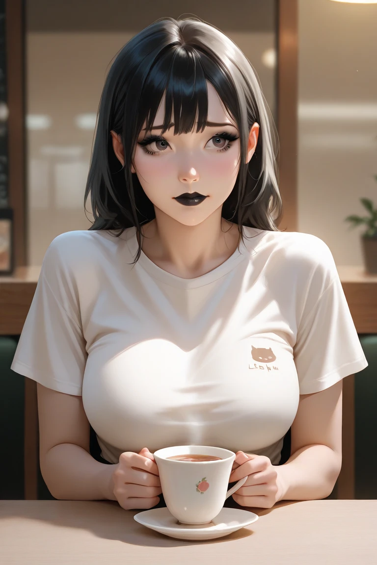 Girls(masterpiece:1.4)、(in 8K、realisitic、Raw photo、top-quality:1.4)、(Real Face:1.4)、(real looking skin:1.3)、超A high resolution、A hyper-realistic、Brown eyes with beautiful details、Center part of black hair short hair、Pichi-pichi T-shirt、no-bra、high detailing、(huge-breasted:1.5)、Blushing、troubled look、gargantilha、cafes、coffee cup