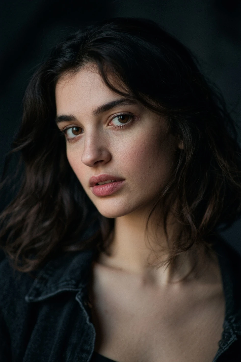 Photo brute, Portrait de visage photo de belle 26 ans.o femme, visage mignon, Porter une robe noire, Visage heureux, ombres dures, cinematic shot, dramatic lighting