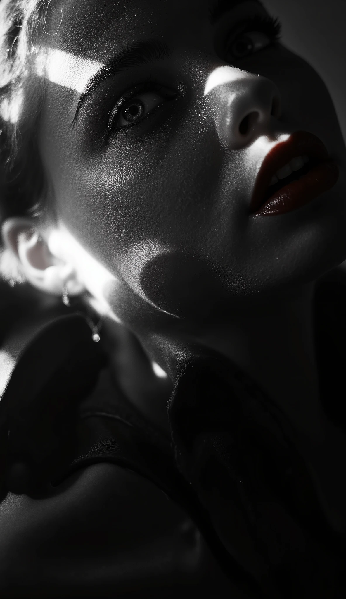 Masterfully stylized monochromatic & melodramatically expressive portrait elevates horror genre with distinct texture effects. A starlet of vintage beauty emanates melodramatic essence & facial expressiveness of 1930 horror film genre & glam .in hyper-realistic style. The dynamically expressive woman, ¾ face, is captured from low angle as she gazes upward, pale porcelain skin, aesthetically perfect facial features- very high cheekbones, shiny hair waves, elegance juxtaposed with fear in the tragic intensity of her wide-set realistic eyes light reflecting off tears gathering in the inner rims. Terror sweeps across her face with inner ends of eyebrows poised upward in a palpable shock echoed in in her dramatically knitted brow & taught lines lightly etched across forehead. Only her deep crimson red lips are in full color, creating a haunting contrast, with Lips parted in a gasp evoking intense melodrama & cinematic fright. Shadow play adds to eeriness & emphasizes cheekbones, jawline & eyes. Artist collaboration conveys sophistication, emotional resonance, & elevate vintage horror-noir to an explosive edgy relevance in styles of Tom Bradshaw Mark Demsteader, Gottfried Helnwein & Beksiński. hyperrealism, textured materials, and intense cinematic expressionism & emotionally saturated atmosphere. Layered stylizations & effects that catapult composition: high-gloss black patent leather-like paint; halftone grotesque tapestry of rich patterns integrated; brush pen’s expressive, bold, dynamic textured strokes; velvety mezzotint textures; drypoint rough & expressive textures; fine art etching; ark academia aesthetics, chiaroscuro – culminate in a chilling layered masterpiece.
Nikon D850 masterpiece cinematic composition Tom Bagshaw Mark Demsteader Unity Render Texture detail high definition cinematic postprocessing 128K, UHD, HDR, HQ no plastic mannequin doll facial features Nikon D850 4K, U