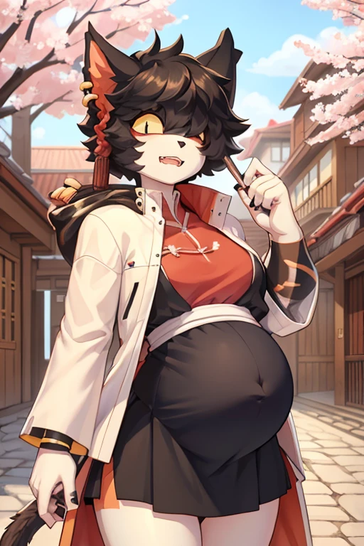((best quality, masterpiece, perfect anatomy, detailed picture)), furry, 1female, Aak, (Arknights), sexy body, breasts, black sclera, cat tail, one-piece bikini, wallpaper, portrait, illustration, retro, in the cherry blossom alley, pregnant