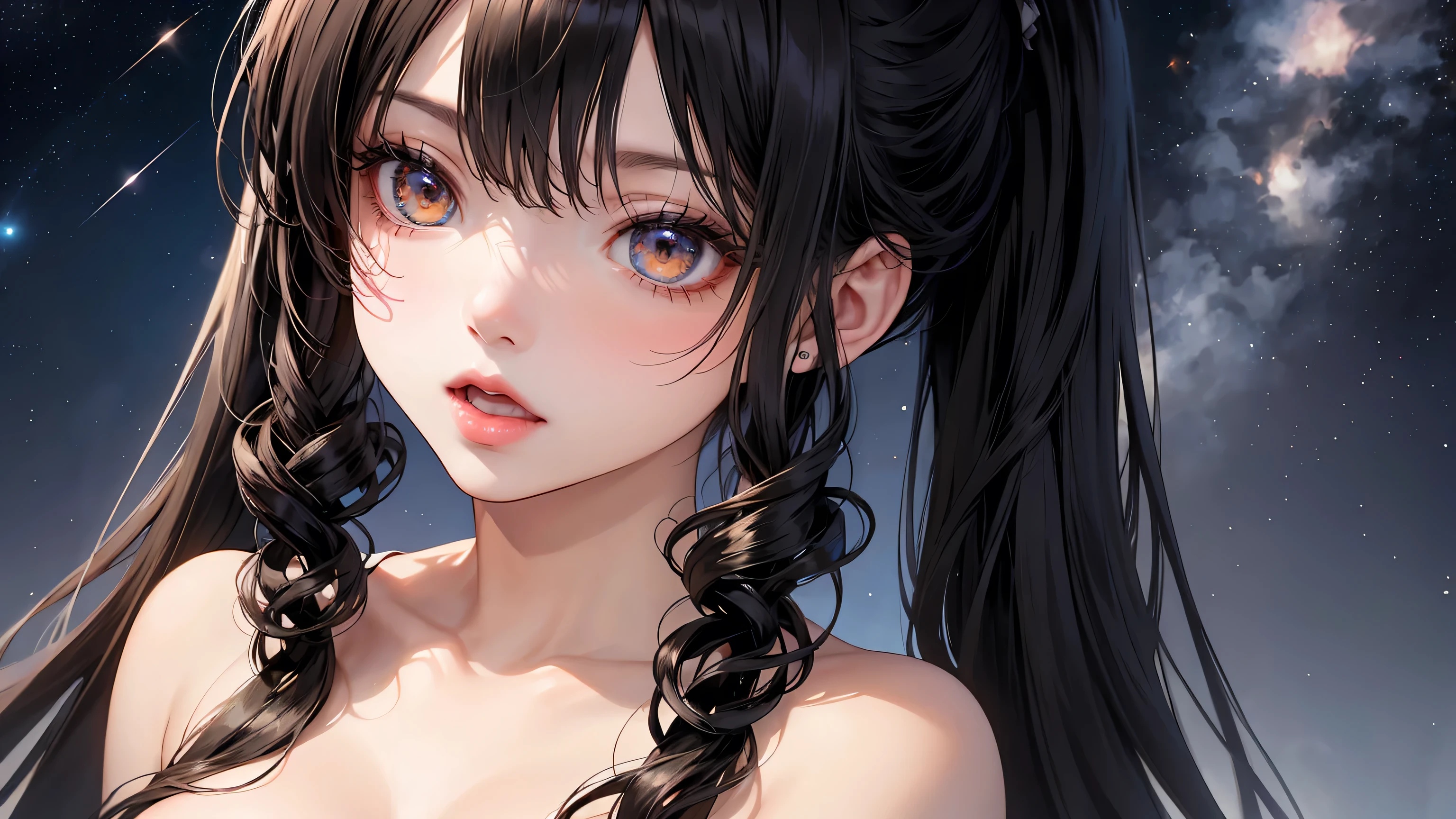 Highest Quality、vaginas、pussy 、very detailed fingers、finely、high definition、 8k Wallpaper、Face Closeup、perfect dynamic composition、beautiful and delicate eyes、love juice、cute hairstyle、bungs、black hair、(long hair)、twin tails、curly hair。Big Breasts、color lips、Bold and sexy、Starry Sky Scenario、Sexy shot looking at the camera、perfect and beautiful face that pulls、beautiful detailed face、nude、sex、Release your lips、open your mouth、in Kura。Flushing、embarrassing。showing anal、Beautiful red eyes、Nipples are visible。nude、2range hair。intertwined。shy。