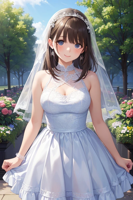 masterpiece,Highest quality,high definition,High resolution,4K,8k,Ultra-high-definition CG,masterpiece,Highest quality,high definition,High resolution,4K,8k,Ultra-high-definition CG,Anime illustration style,１girl, anime painted, front angle, pose standing, shiny black twin tail hair,black, accessories ribbon, expression smiling,arms behind back,Scene of a garden full of flowers、In a wedding dress、Behaving gracefully。fashion model posing ,shiny skin,Low angle ,fashion model posing ,holdng a flowers.bouquet.