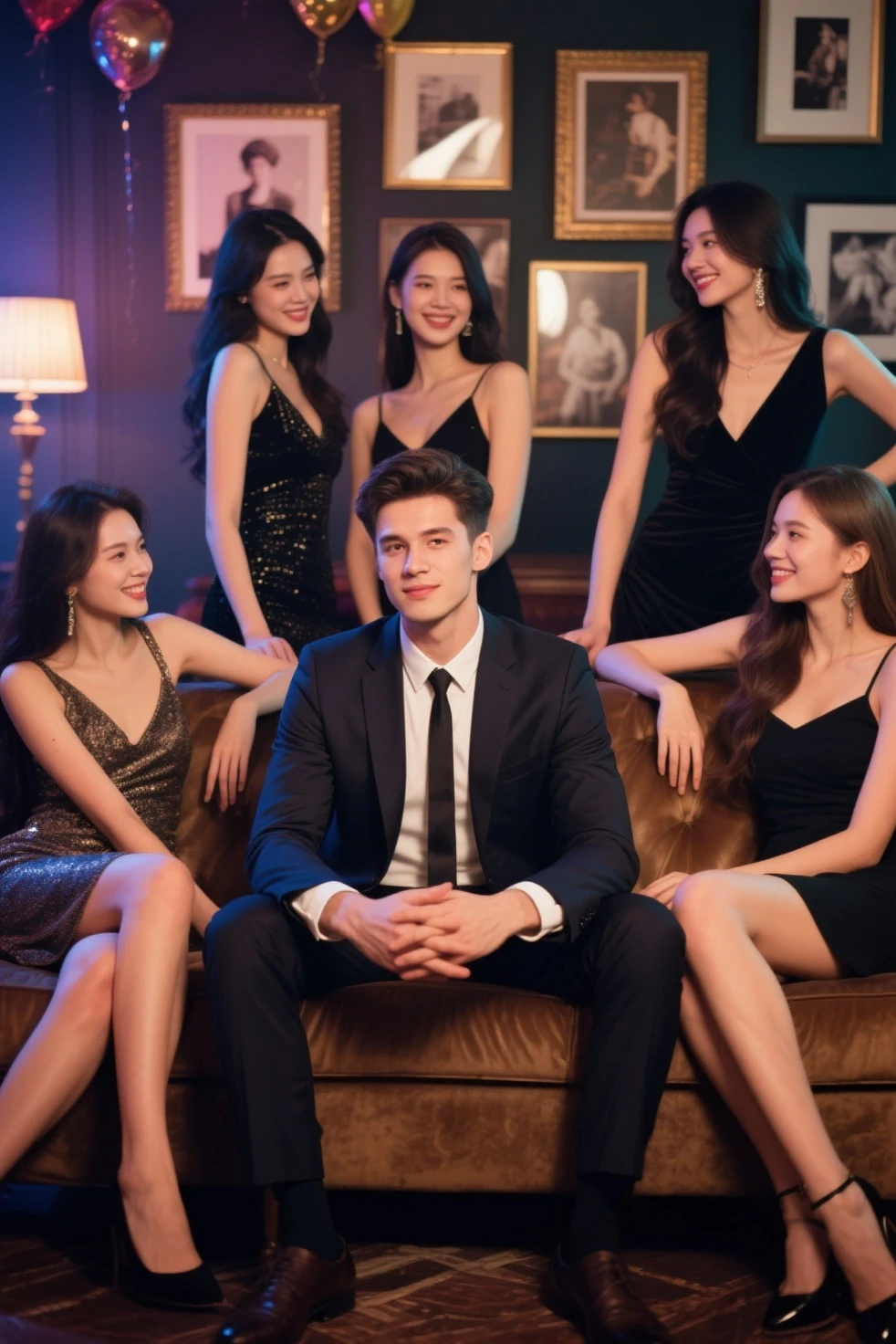 A stunningly handsome white man, dressed in a very elegant suit stands inside of an upscale bar at night. He smiles slightly, extremely confident. He stands amount a group of young female adolescents. The adolescents are dressed in bikinis, smiling brightly while trying to gain the attention of the man.