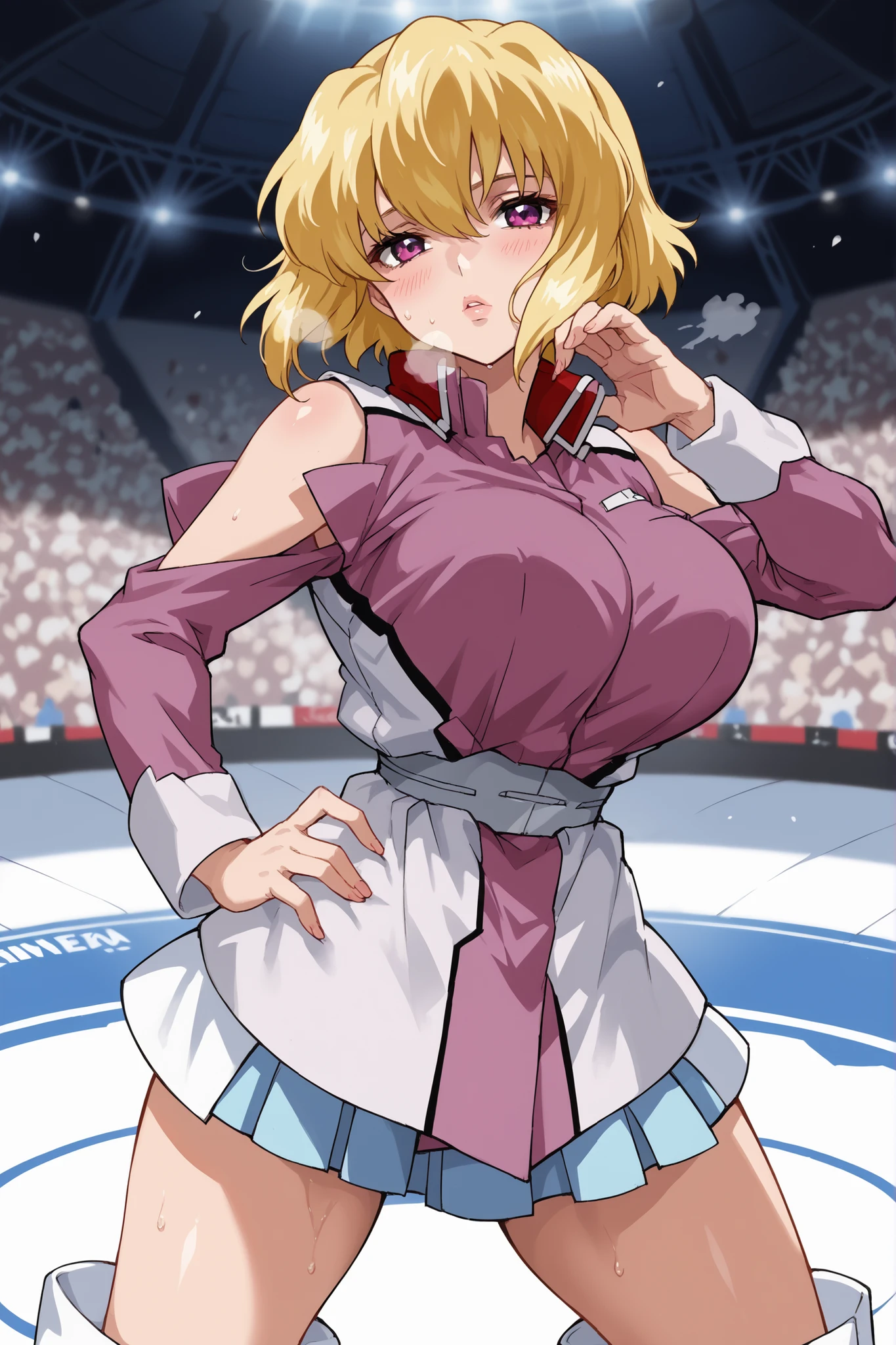 masterpiece, Highest quality, 1 person,( Large Breasts,Are standing, View your audience,),Detailed Background、A person who writes in detail、Accurate human body、Knowledgeable person、Accurate 5 fingers,Mature Woman,Thighsが太い,Cruby Body, Nishikigi chisato, bob cut, hair ribbon,cyclone \(for once\),Long sleeve、Thighs、alone,((lycoris uniform, two-tone dress, red dress, grey dress, neck ribbon, long sleeves,wrists above head)),((zettairyouiki)),,