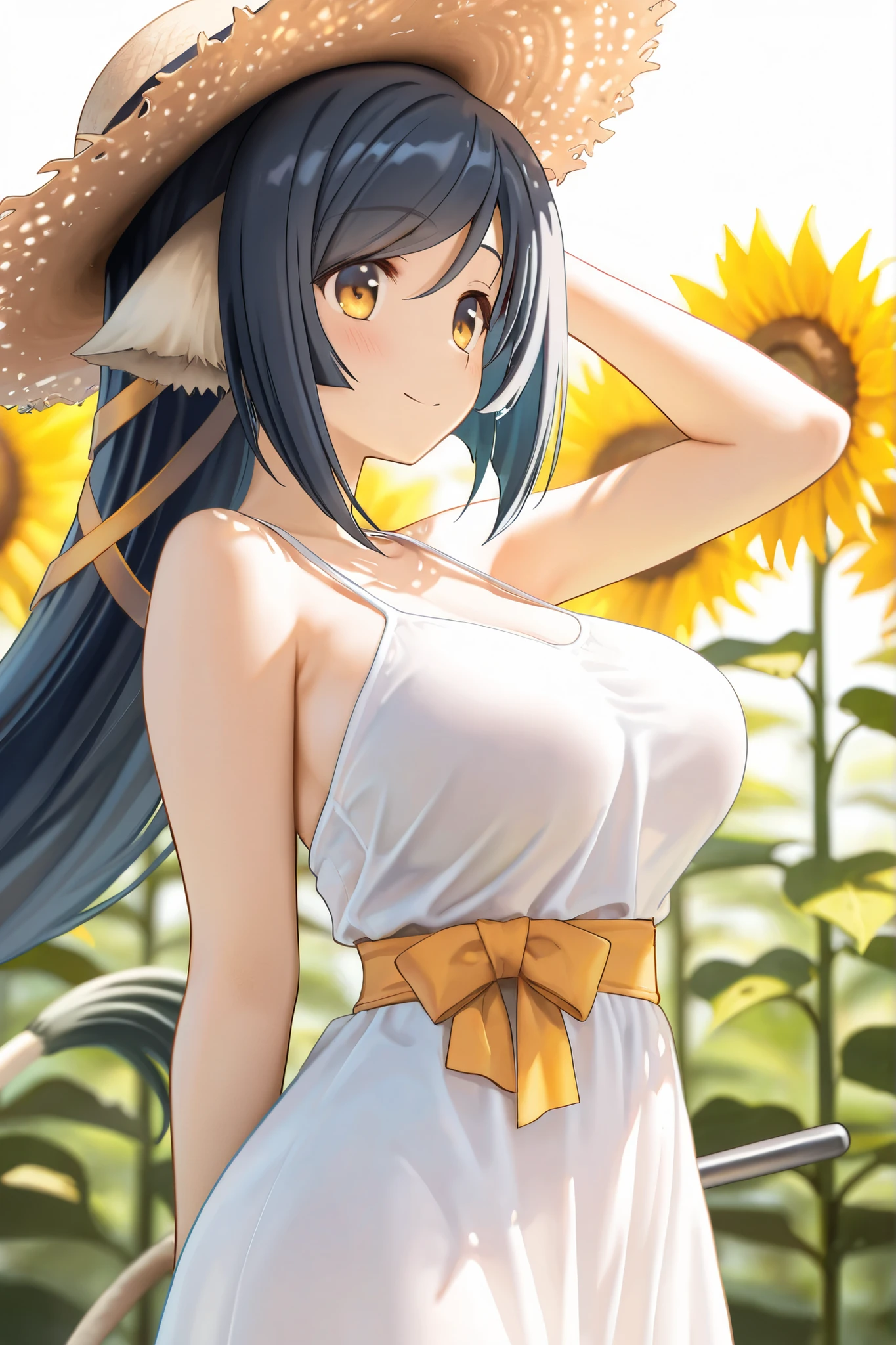 score_9,  score_8_up, score_7_up, 1girl, (nyotengu), solo, dark-skinned female, blonde hair, dark skin, jewelry, earrings, long hair, hat, solo, flower, dress, sunflower, outdoors, white dress, smile, long hair, looking at viewer, sky, bangs, breasts, open mouth, cloud, earrings, sundress, day, sun hat, blush, teeth, cleavage, :d, collarbone, jewelry, blue sky, straw hat, sleeveless dress, ribbon, summer, sleeveless, hand on headwear, mature female, MILF, 30yo, bare shoulders, bow, field, yellow flower, hat ribbon, frilled dress, frills, standing, blurry, hat bow