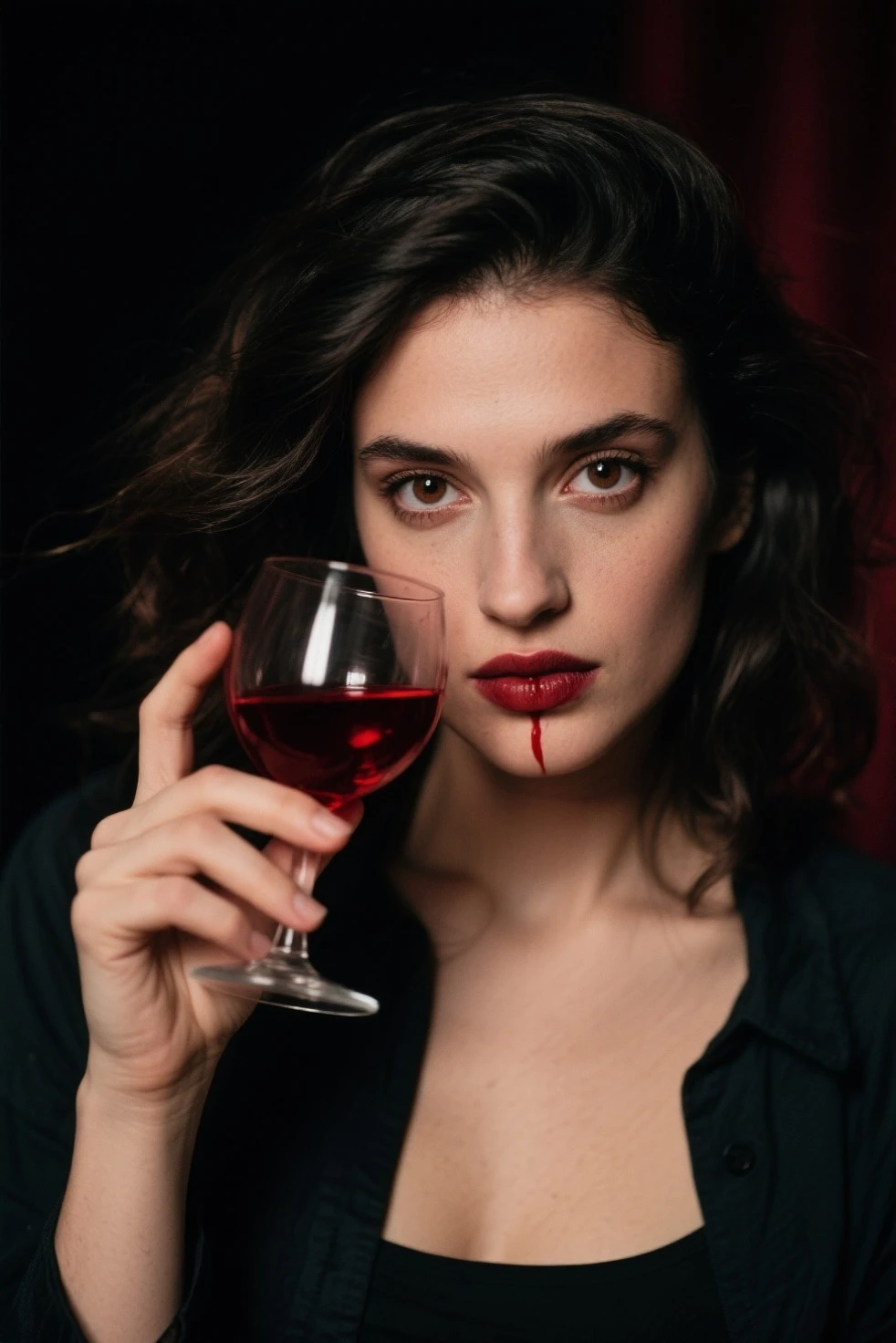 realistic photograph of the vampire queen, (fangs), pale skin, blood dripping from the mouth, holding a wine glass with blood, (baroque clothes), black hair, in a castle with torches on the wall, (raw,score_8_up),photo, raw,realistic