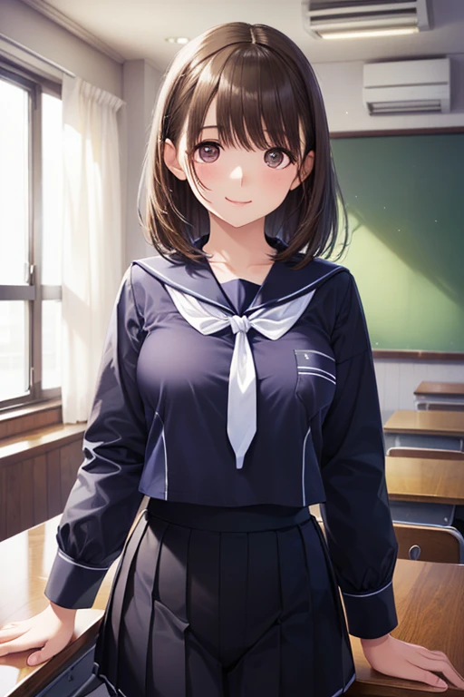 (8k、Highest Quality、masterpiece:1.2)、(realistic、ultra details、Ultra A High Resolution、Beautiful Detailed Faces,perfect body,(1 girl,Long Black Hair),(uniform,sailor suit, purple shirt ,navy skirt,white tie),contrapost,in classroom,portrait.
,( masterpiece, best quality, high resolution, ultra high resolution, pixel perfect, depth of field, 4K, RTTX10.0),
、Anegasaki Nene, shiny brown hair, beautiful brown eyes, smiling face, sparkling pupils, (fine grain), , highly detailed face,, (masterpiece:1.2, best quality), ((only1 girl)), ((cowboy shot))