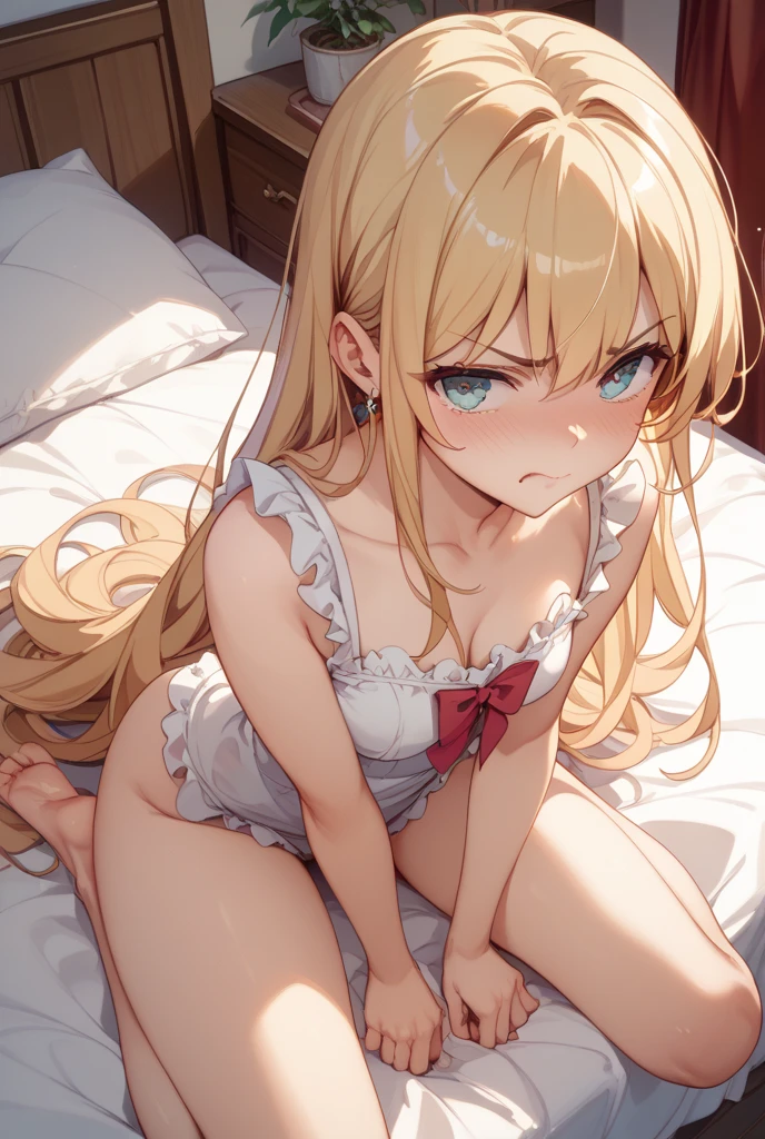 (masterpiece,highest quality,ultra high resolution,detailed),look here,thin body, poor body,white skin,(tanya),(ahoge),blonde, long hair, tousled hair,(white dress),(((big breasts))),(scared expression),(be pushed down),(((night,bed scene))),