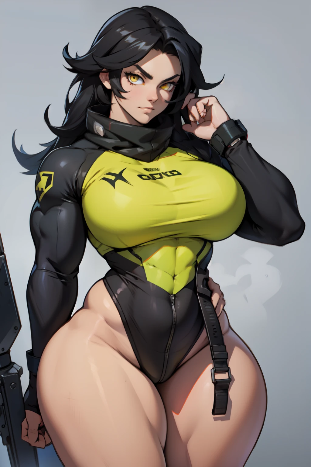 ((1 girl muscular)) black hair yellow eyes huge breasts frown pale skin