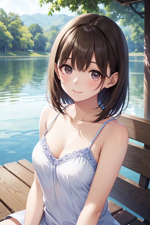 masterpiece, best quality, ultra-detailed, beautiful lighting, beautiful forest, colorful, Incredible view, lake, woman, (swimming:1.2), (in water:1.1), red bikini, (smiling:1.1), short hair, brown hair, blue eyes, far away, (beautiful eyes:1.1), (glossy lips:1.2), trees, mesmerizing nature
