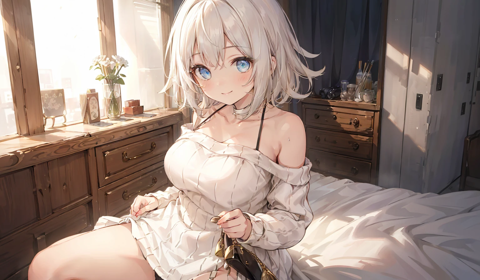 White hair, girl, white silk, looking up panties --auto