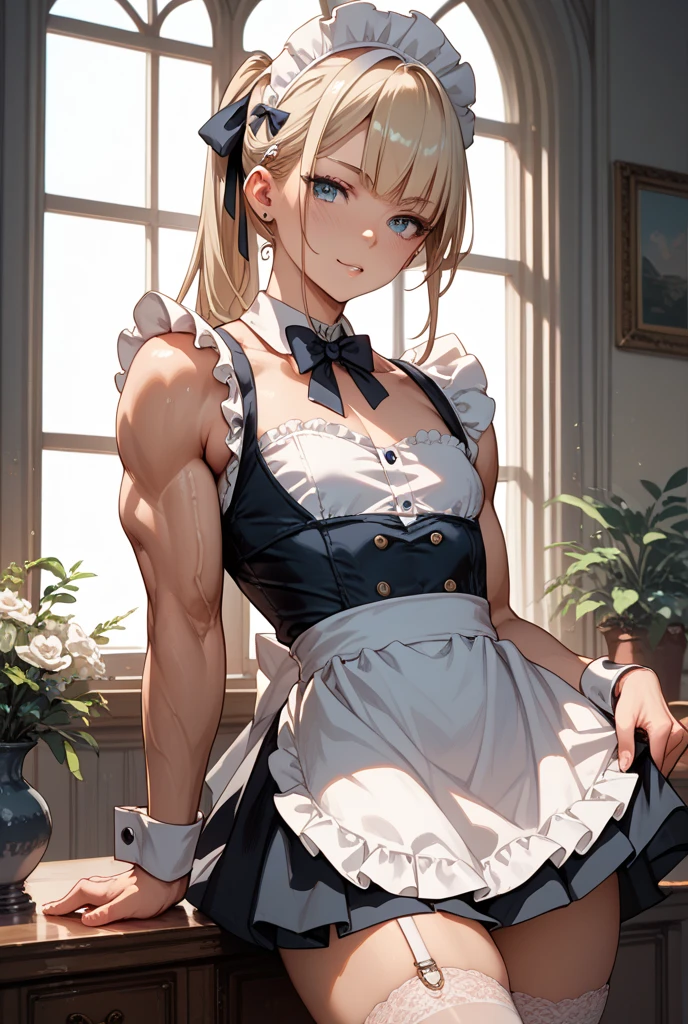 masterpiece, best quality, blonde messy hair, green eyes, headband, maid, kitchen, upper body, strong abs, hands on hips, leather collar choker