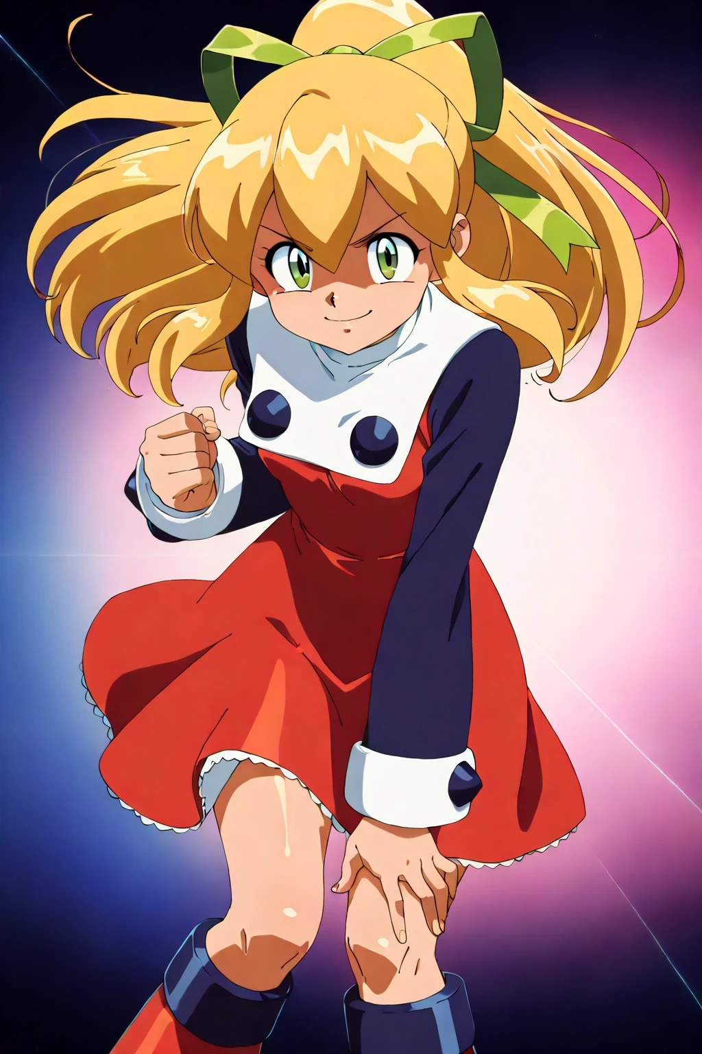 (1girli:1.5), masterpiece,absurdres,highres,highest quality,Super detailed,32K,High resolution,an extremely delicate and beautiful,Official Art,perfect anatomy,
(Contrasting colors,octane rendering,Fully painted,anime coloring,anime screencap,Cel-shaded anime,retro artstyle:1.25),
perfect face,ultradeTailed eyes,beautiful,sexy,supermodel,athletic body,shiny skin,Dramatic light,(scale to fit the dimensions:1.2),
r0ll,roll (mega man),blonde hair,long hair,hair ribbon,ponytail,green eyes,red dress,knee boots,long sleeves,smile,dynamic pose,dynamic angle,