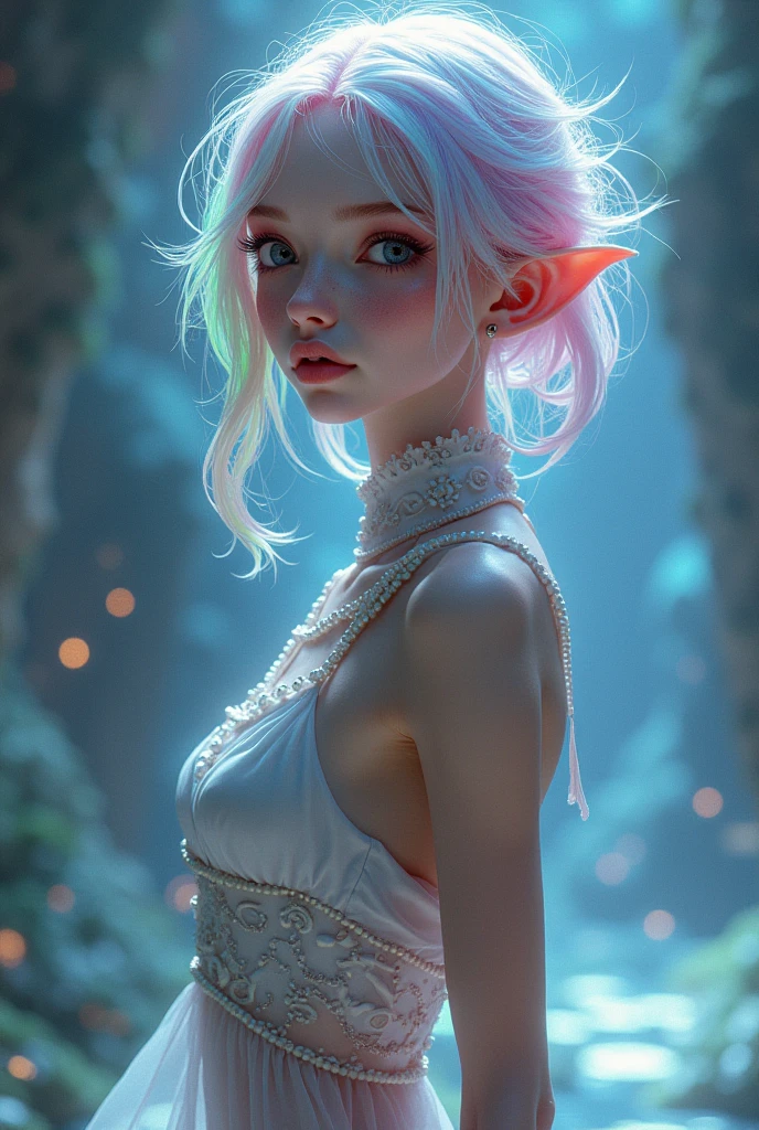 hyperrealistic image, phone camera, hd resolution, woman, exotic features, artistic makeup, conceptual pose, artistic expression, instagram photo style, woman, exotic, attractive eyes, intergalactic, natural lighting, night, aurora borealis, extraterrestrial, exotic makeup, shine makeup, shine skin, colored eyeshadow, exotic pose, half body angle, white hair, subtle colored highlights, , alien vibe, full body image, subtle alien characteristics, little clothing, latex clothing, white clothing, second skin clothing, tight clothing, hands positioned like a model's, shiny body, alien, long hair, straght hair, flying hairz strange woman, eyes apart, big eyes