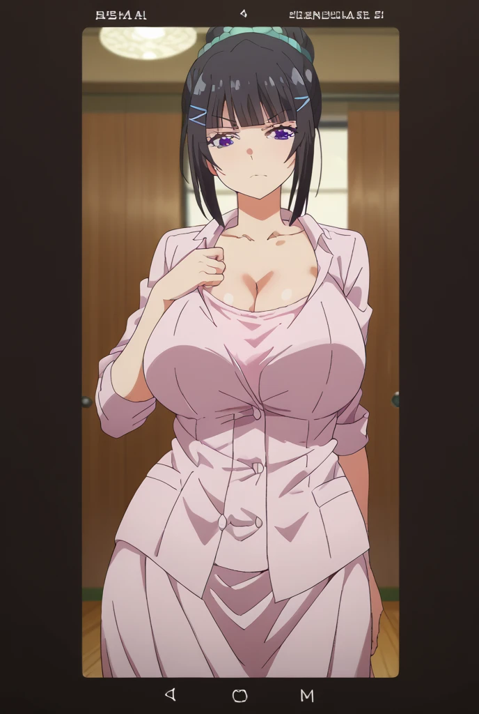 (((masterpiece))),fuyumi itadori, Anime girl characters, 1girl, solo, looking at viewer, medium hair, cleavage, closed mouth, collarbone,Naked, tall girl, horny, big ass, beautiful face,Charming, anime visual of a cute girl, screenshot from the anime film, & her expression is solemn, ahegao face, in the anime film, in an anime, anime visual of a young woman, she has a cute expressive face, still from anime, perfect breasts, she is tall, All bodies visible, ahegao face, the face is ahegao, she is horny, A perverted face, she so perverted, she smile so perverted, hd picture, 4k quality, details of the face is so good, bigger breasts,