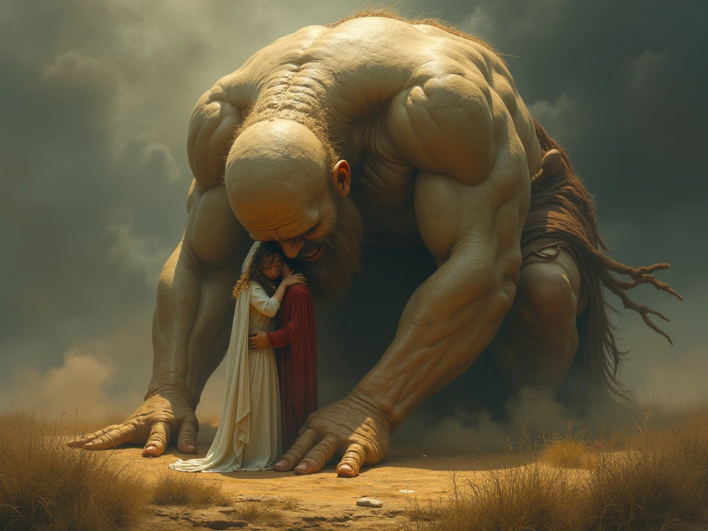 A gaint man with carrying a dead body