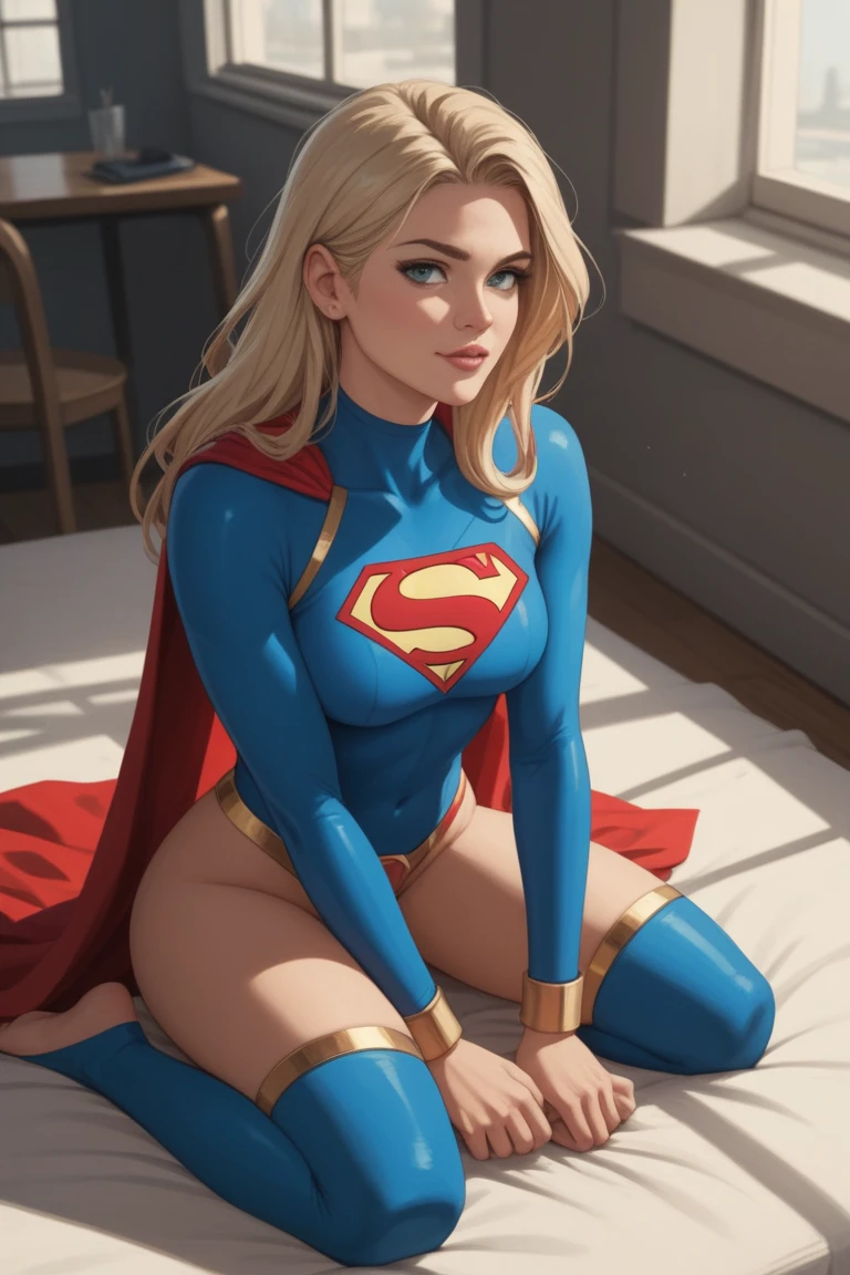 mesogts girl, sitting on a tiny bed, (large breas:1.4), (realistic:1.2), (supergirl costume:1.2), high quality, high contrast, detailed