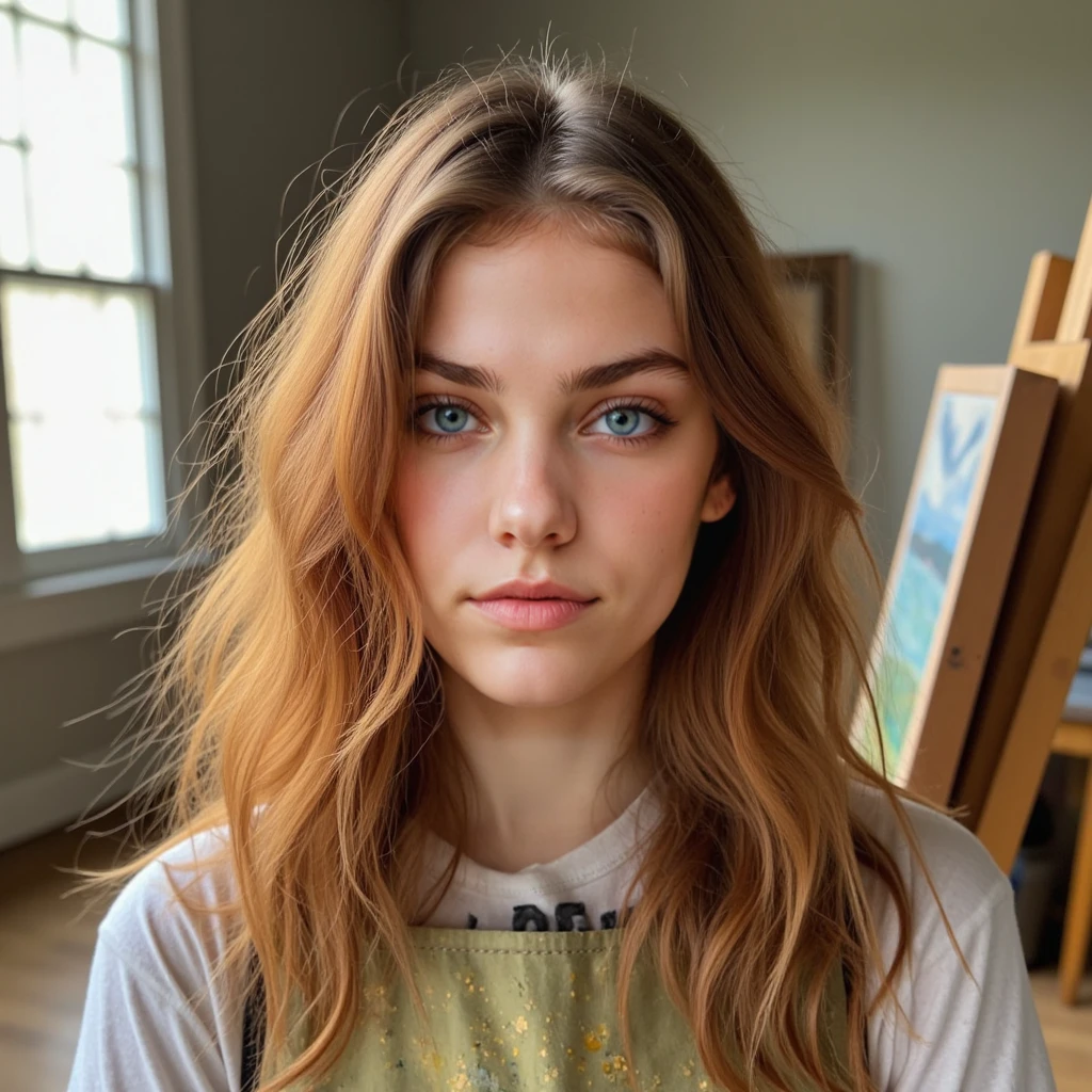 1girl in, 19, Solo, Aesthetic artwork, irish, wavy ginger hair, shoulder length hair, gray eyes, light grey eyes, pale skin, A-cup, small breasts, runners body, (textured skin, skin pores:1.1), goosebumps, taking close-up cute selfie wearing a sweater at art gallery (hands hidden)