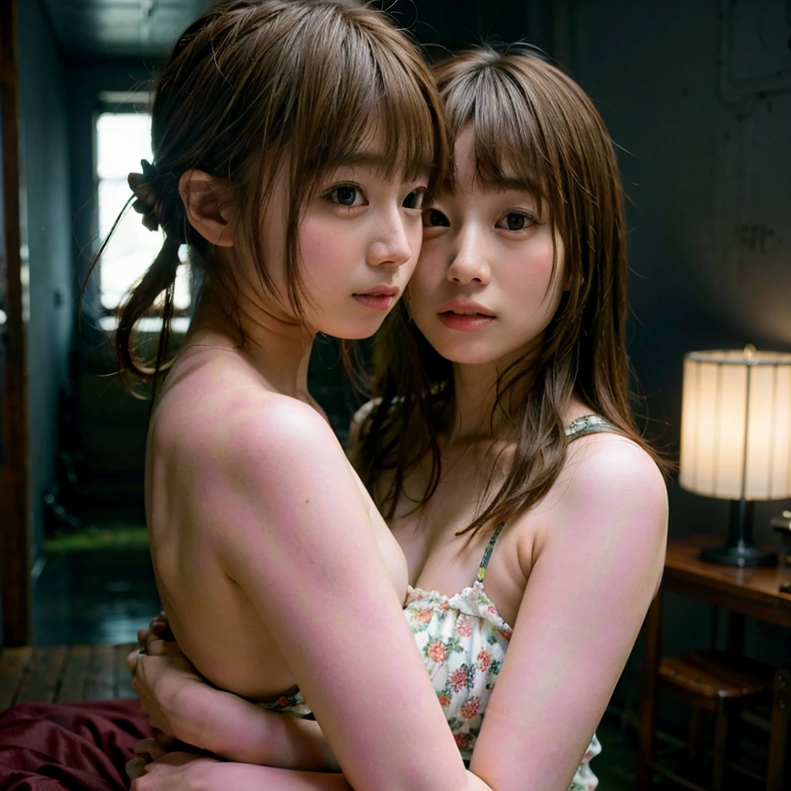 (dim light:1.4),
Best quality, masterpiece, ultra high res, raw photo, beautiful and aesthetic,deep shadow, dark theme,(photorealistic:1.4),
(3girls Kissing face to face, Against the Nipples to Nipples Pressing hard),
glowing body,in dark,((Assfocus ThighGap)), Girls wrapped neon tube on body, (Studio Dark background),(Overflowing Sideboob)