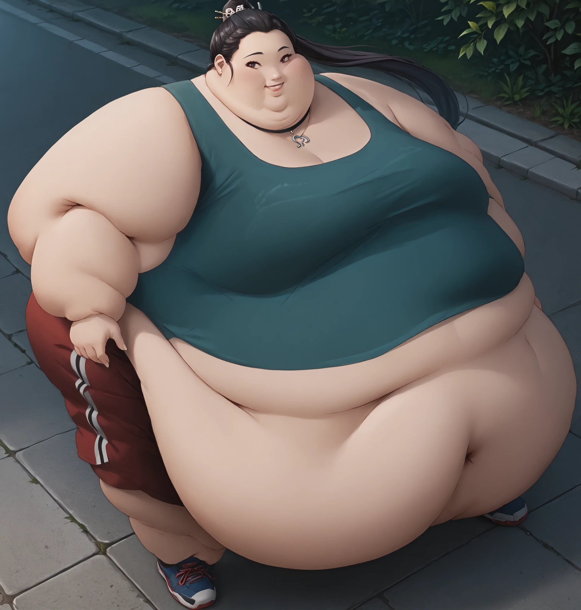 score_9, score_8_up, score_7_up, source_anime,solo, long hair, choker, haylin, smile, crop top, black hair ornament, long ponytail, tank top, jacket, shorts, highres, Digital art, trending on artstation, best quality, insanely detailed, masterpiece, stunning environment, wide-angle, full body, Dutch angle, cowboy shot, outdoors