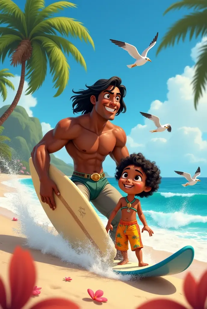 An image containing a dark-skinned male Disney character accompanied by a short Disney character with Peruvian features with a surfboard