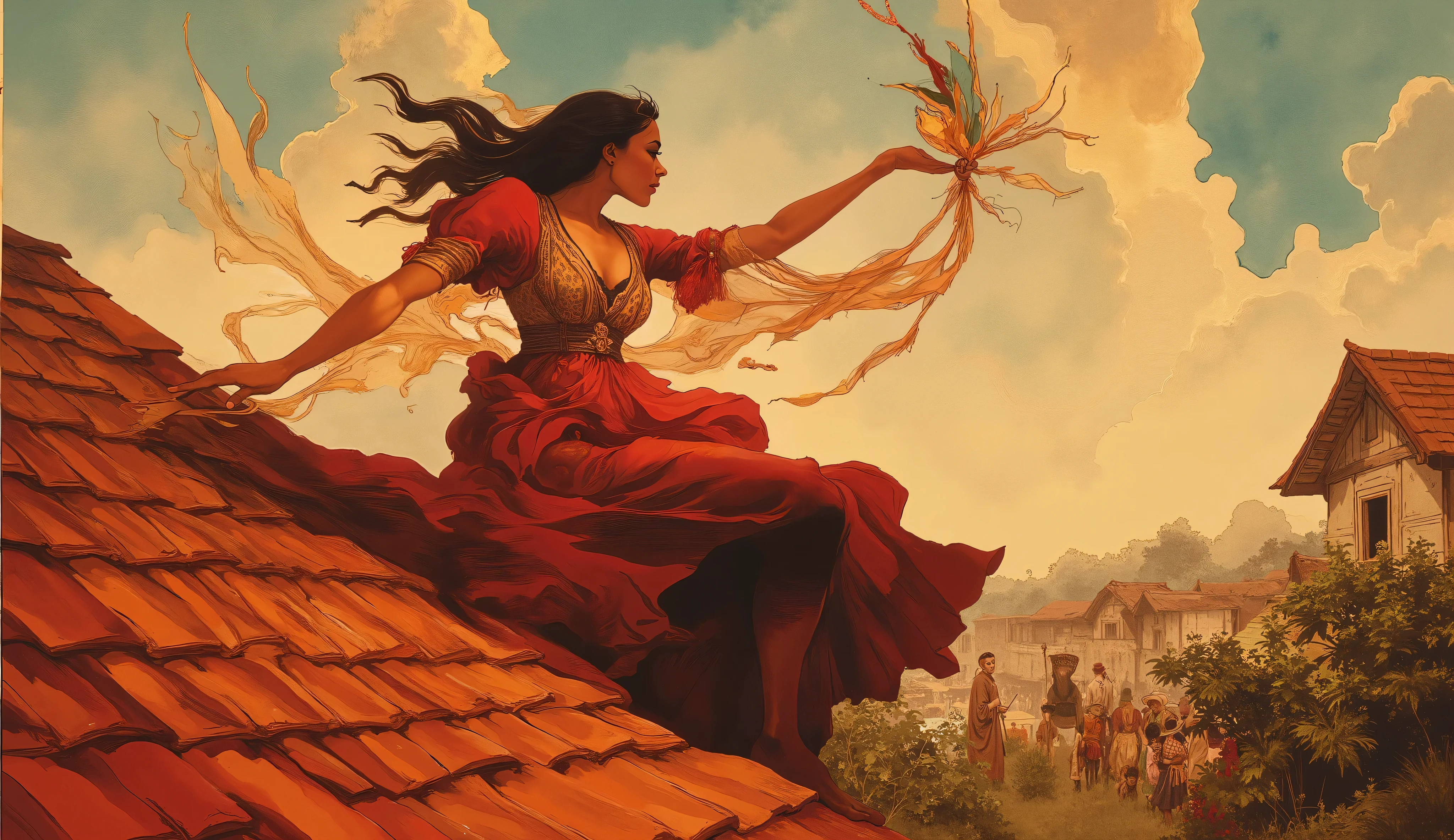 (Beautiful spirited woman), (traditional 1920s Brazilian coastal town of Ilhéus), (climbing gracefully on red terracotta roof tiles), (reaching for a colorful kite tangled on the roof), (shocked townspeople gathered below watching in amazement), (cinnamon-brown skin glistening), (vibrant red dress billowing), (tropical afternoon light), (golden sun rays), (lush green vegetation backdrop), (traditional colonial architecture), (Jorge Amado literary scene), (oil painting style), (Carlos Scliar influence), (rich vibrant colors), (strong dynamic composition), (magical realism), (cinematic framing), (warm color palette with reds, browns, and greens), (hyper-detailed), (masterpiece), (8K resolution), (photorealistic), (dramatic lighting), (golden hour), (sense of motion), (cultural authenticity), (tropical Brazilian coastal setting)