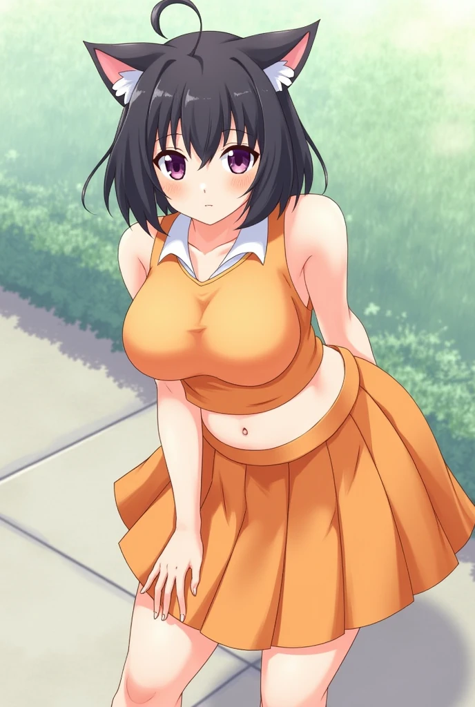 masterpiece, best quality, highres, bbmazaki, ponytail, hair scrunchie, necklace, yellow shirt, sleeveless, bracelet, belt, miniskirt, pink skirt, outdoors, cowboy shot,bedroom,bed, sitting,down in her knees, smile,tight black thighhighs, large breasts, smiling embarrassed ,big tits, show tits, visible tits:1.6, open shirt, open skirt,open clothes,show tits, nipples,(( show nipples:1.5)),((show tits:1.5))
