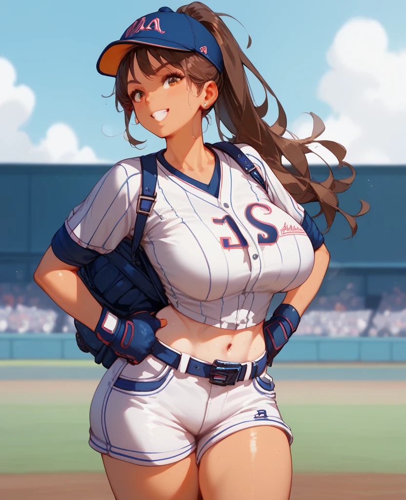masterpiece、highest quality、Very detailed、Photograph the upper body、1 female、(Arms behind your back:1.4)、Are standing、Turn your body forward、View your viewers、(Baseball uniform、Baseball Cap)、blush、shy、Brown Hair、Open your mouth、baseball Ground、Big Breasts、