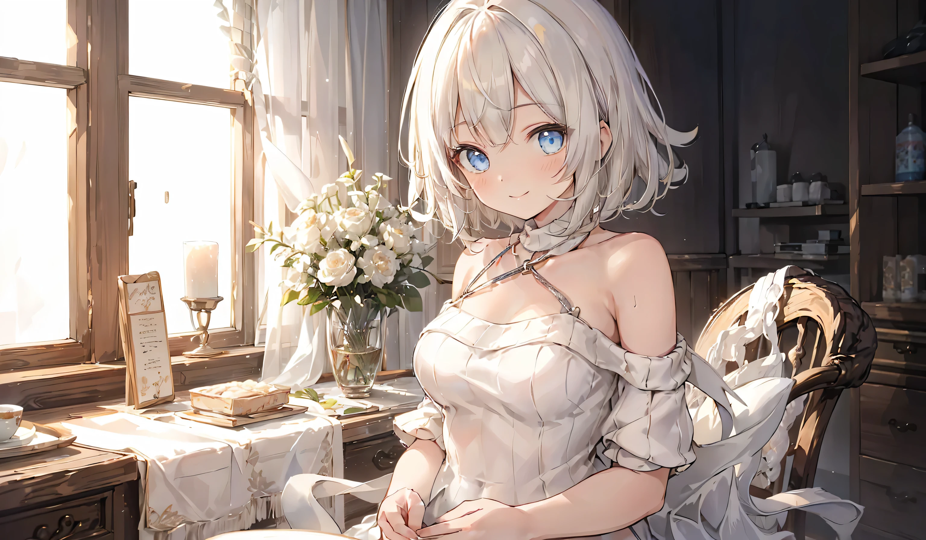 (from below:1.4),((1girl, silver-haired , short hair, Sparkling Eyes and Contagious Smile Blue Eyes , beautiful eyes on my stomach, very nice smile :1.5, ), ( Off Shoulder Dress, sweater dress), ray tracing, bright colors, girl, masterpiece, sharp concentration in nude clothes, Highest Quality, depth of field, cinematic lighting, detailed outfits , 4K, perfect eye side by side, rich in detail and texture, white hair, Very short , golden eyes, o, color inner hair, bright smile, Loosely knitted, roomy clothes, long sweater,, sunlight, light, god rays, look up, smile, bare shoulder, leggings,(Beautiful Detailed Faces), (Tight Breasts:1.2), (pointed chest:1.1), (with shining eyes and an infectious smile),Her Thin Pubic Hair :1.2, is watching viewers,smile,blue eyes,winks at the end,