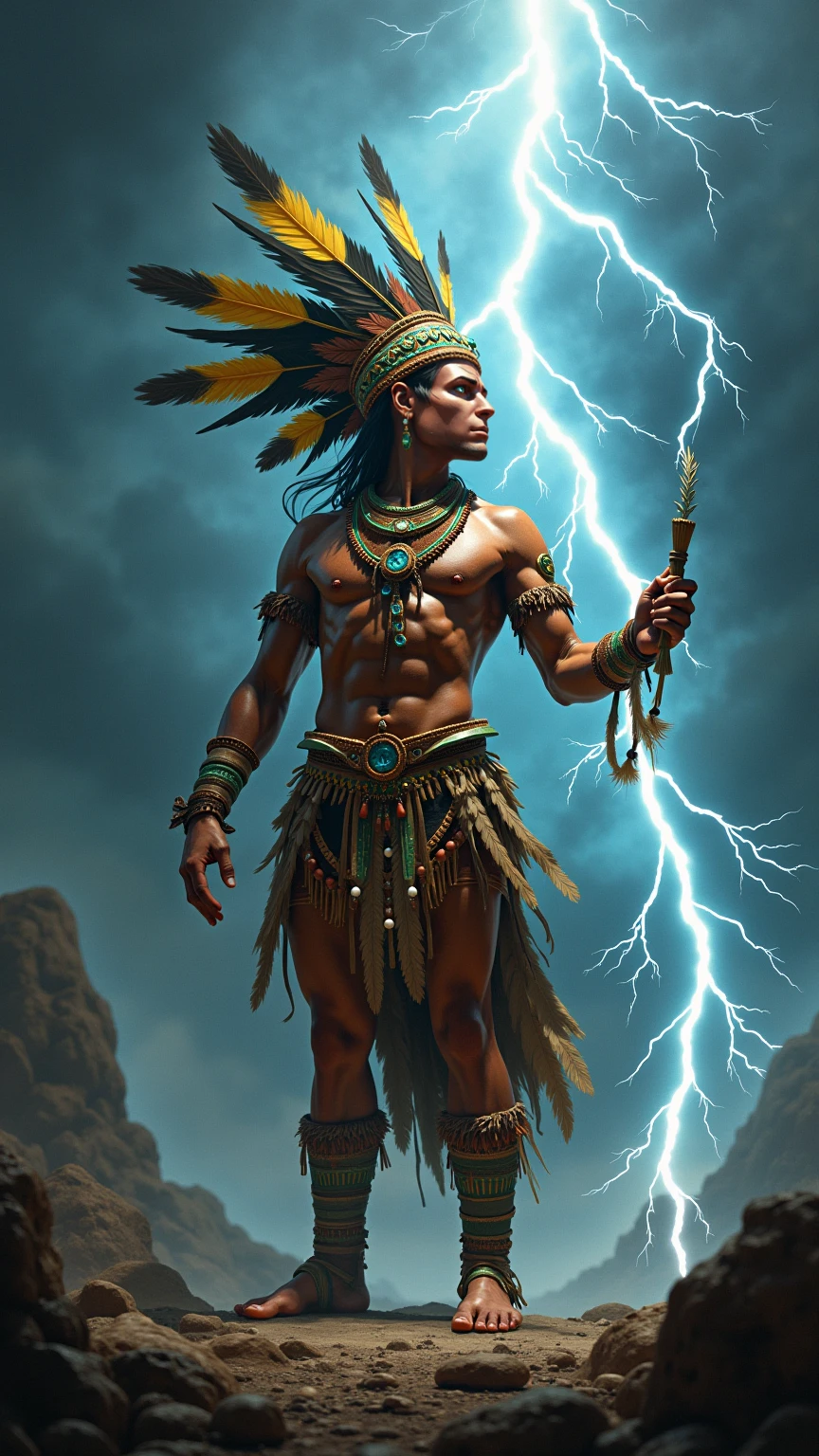 God Chaac, super muscular and very masculine, with an impressive plume of feathers and thunder.