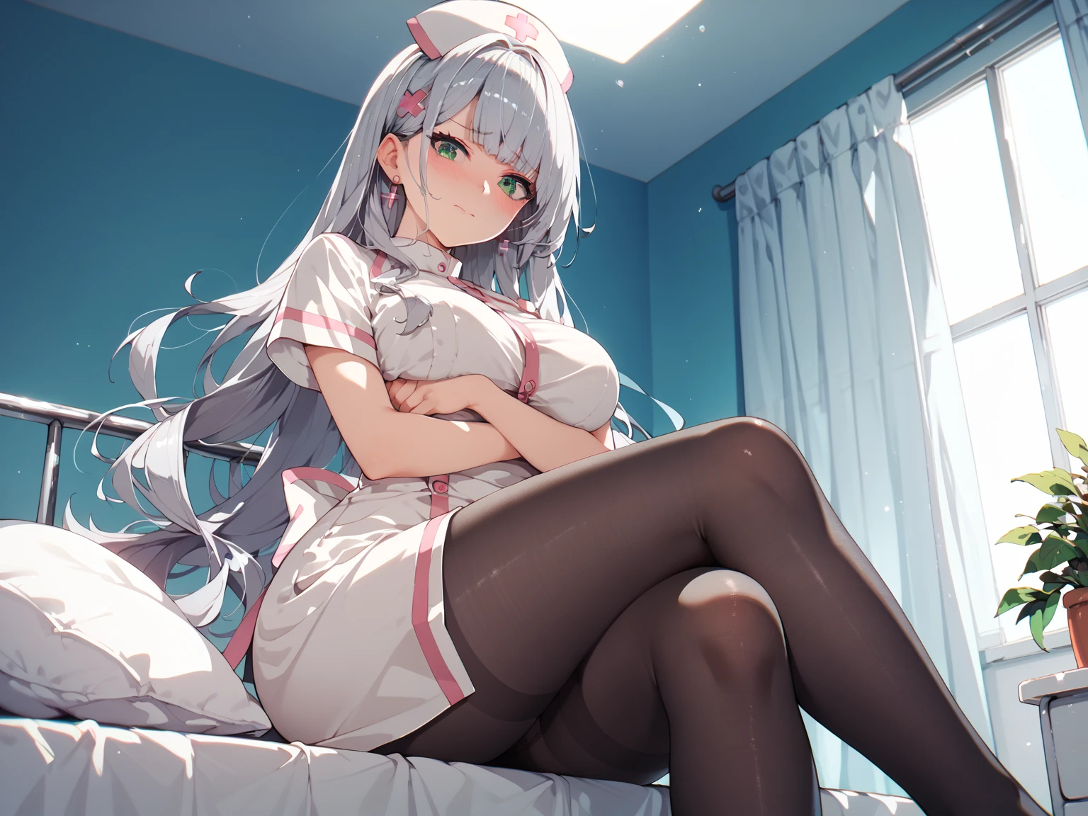 sit on a bed,full bodyesbian,white nurse outfit,With a hat on,is shy,Needle in hand,white stockings,white color hair,There is a blush on the face,exposing her chest,Long legs,White gloves,The stockings are knee-high and lace,red pupils,