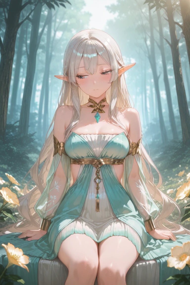 (High resolution,Highest quality),Detailed elven woman,Detailed face,Fine grain,Look up at the sky,Half naked,Vibrant colors,Landscape Background,Forest Elements,waterfall,Ethereal atmosphere,Soft sunlight,Calm expression,Flowing Hair,Fantasy Setting,Magical atmosphere,Glowing Flower,Delicate features,Enchanted Forest,light,pastel colour,Mystical Creatures,Majestic Tree々,Carbonated water,Mottled Shadows,Heavenly Beauty,Ferocious yet elegant,Graceful posture,A strong connection with nature,Mystical Eyes,Wisdom and magic,A harmonious blend of fantasy and reality,Mythical world,Magic in the air,Peace and tranquility,Immersive Experience,Whimsical and seductive,An unforgettable visual journey,Masterpiece of Art,Glamorous Body、30 years old、