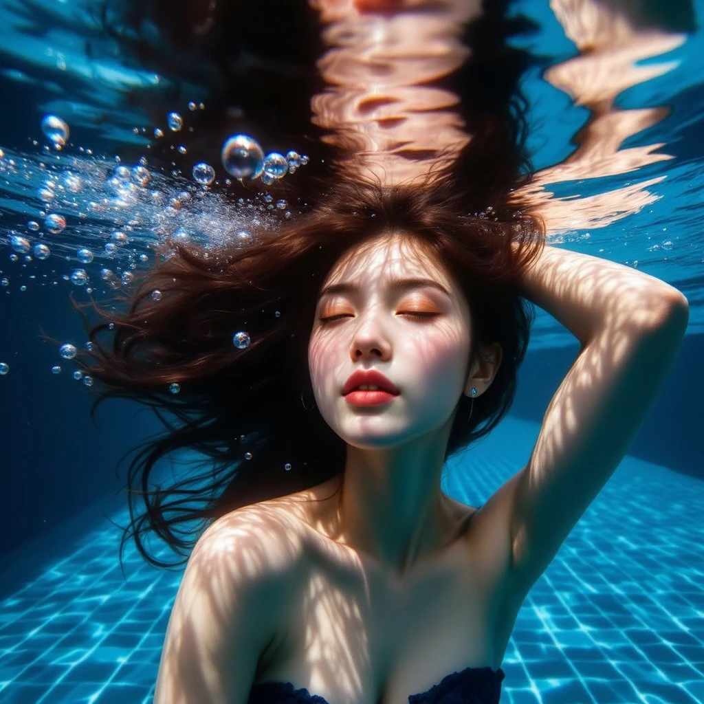 (maximum quality, masterpiece, Detailed, 8K), Mermaid with blue hair and flowers floating in water, beautiful mermaid, Realistic Photograph portrait of Asian Woman Water Elemental, gorgeous, Best quality,Masterpiece,(Photorealistic:1.4),RAW photo,(Authentic skin texture:1.3),,(filmgrain:1.3),(Selfie angle),1girll,,Beautiful detailed eyes and face, Best quality, Close-up,The upper part of the body, focus on fantasy with the magic of water, beautiful fantasy photo,, ((Looking up at the viewer))