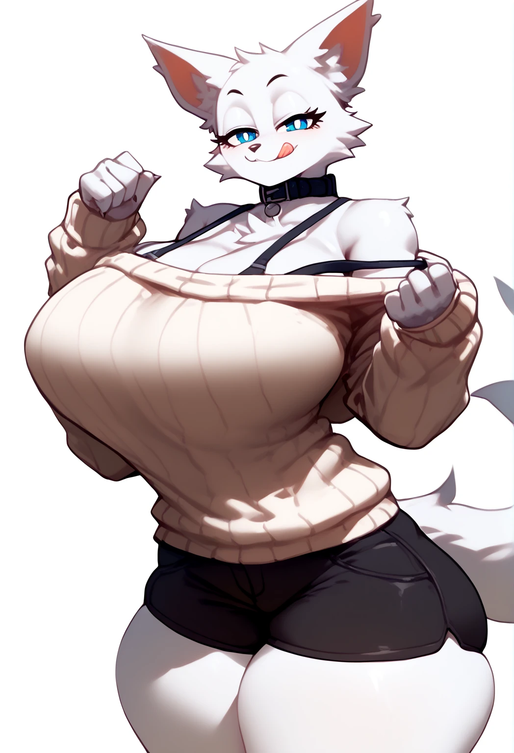 ((masterpiece, best quality)), (anthro furry:1.3, snout:1.2, anthro:1.3, furry:1.2, closeup:1.2, solo female:1.2, cleavage, leaning forward, smile, white), no top, sweatpants