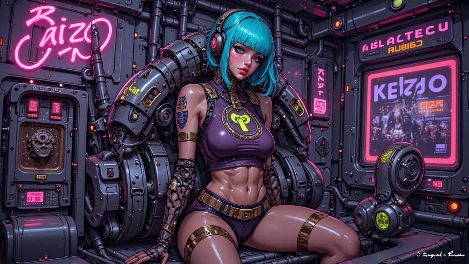 (fractal art), (bright colors), splashes of color background, colors mashing, paint splatter, complimentary colors, neon, (thunder tiger), compassionate, electric, limited palette, one girl, solo, bust, (fit, muscular:1.2), slender body, black eyes, beautiful eyes, (purple hair:1.2), (pixie cut, shaved haircut, very short haircut, shaved temples:1.2), (netrunner clothes, big breasts, huge breasts, giant breasts, cleavage:1.4), masterpiece, highly detailed, look at viewer, happy face, (bare shoulders:1.2), (sitting:1.2)