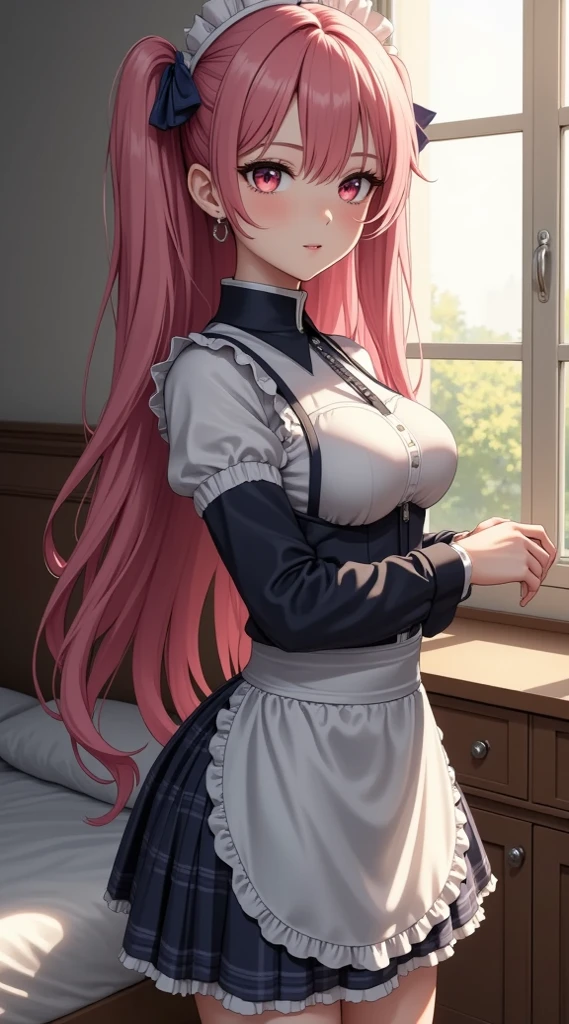 (masterpiece, computer, mejor quality, Clear focus, shadow, anime style, ultra high resolution, 8K, perfect anatomy, rostro perfecto, (detailed face), ( Detailed eye ), score_9, score_8_up, score_7_up, score_6_up, score_5_up, score_4_up, source _Animated, Label 1, Label2, quality_masterpiece, Anatomically correct, beautiful face, rostro perfecto, Beautiful and highly detailed face and eyes, Attractive face, detailed face, Delicate facial features, detailed leather, huge breasts, breast size cup D or DD, wide hips, gigantic butt, thick thighs. Anime-style illustration of a beautiful woman with an elegant and sensual look with a sweet looking and shy expression, with big crimson red eyes and blushed cheeks. has long hair, plain and deep pink, combed in side pigtails with loose locks, adorned with bows and decorative flowers. She wears a modern maid dress with unique details: a corset with a high collar and long sleeves on one arm, combined with a white blouse with ruched straps and a white apron over it. Her skirt is plaid in dark tones, Schoolgirl style. He is standing next to a window that lets in warm natural light, in a cozy room with bed and wooden furniture. The artistic style is detailed, con shadows suaves, realistic lighting and emotional focus. Intimate scene , calm and with a melancholic touch.