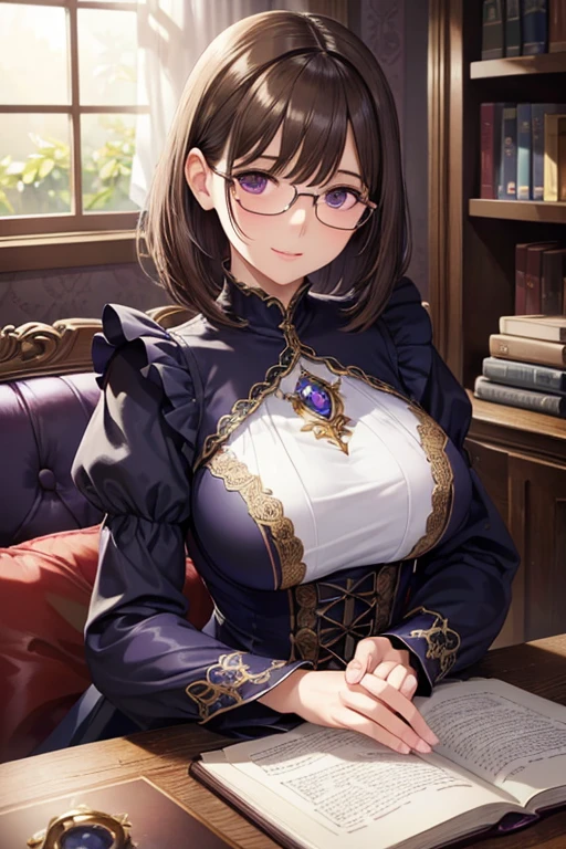 Girl. A world of swords and sorcery. Sitting in a chair and reading. White underwear. Wearing glasses. Miniskirt. Opening the crotch. Garter. Big tits.
