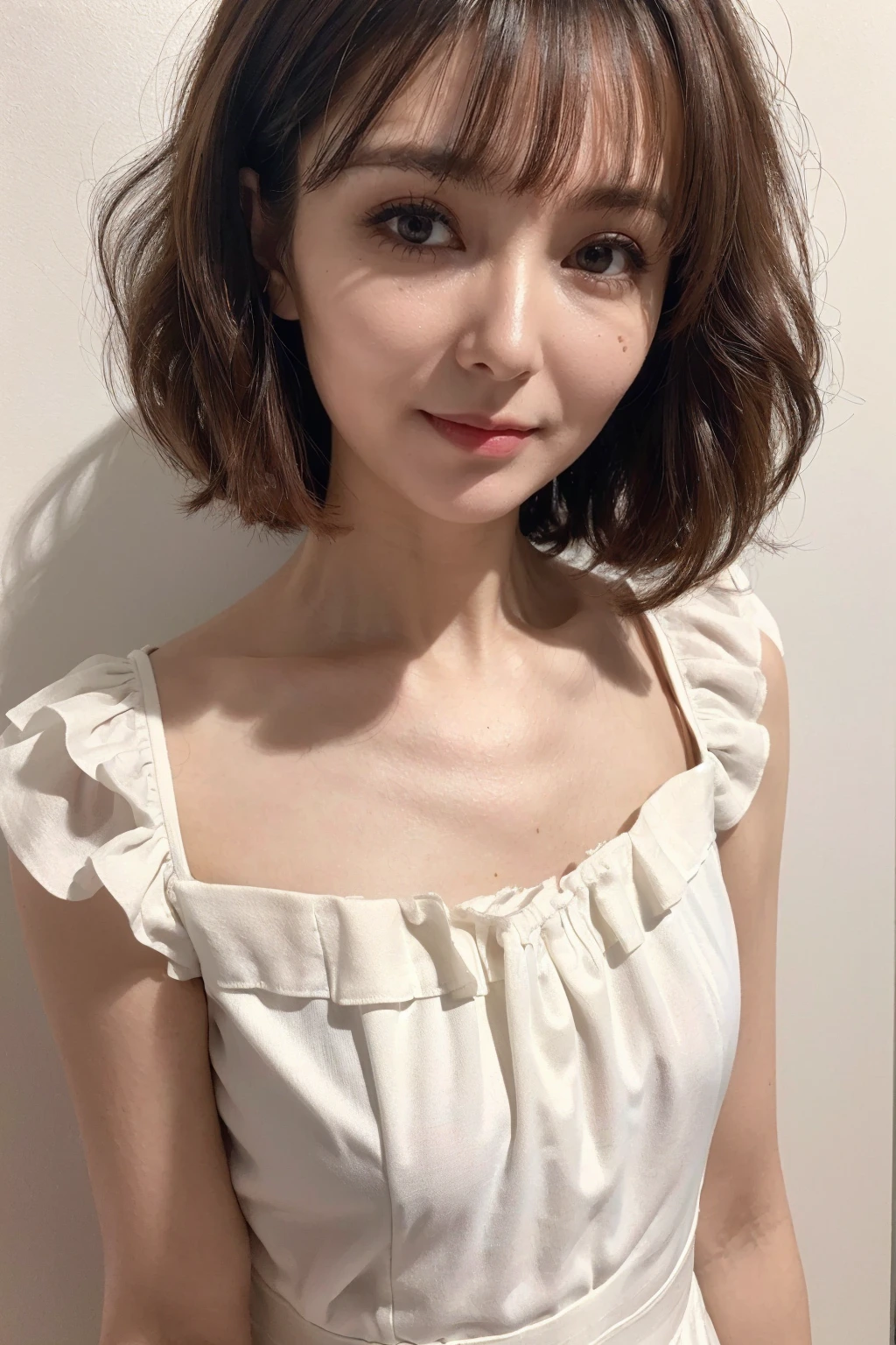 (highest quality、8K、32k、masterpiece、nffsw:1.2)、Photo of beautiful Japan woman in her 30s、very short hair、short hair、shortcut、Upper body、necklace、shot from above、don't look at the camera、(realistic、Photoreal:1.37)、1 girl、Photographed in natural light、Physically based rendering、excellent image quality、High resolution、1080p、(Detailed facial description)、(Detailed explanation of hands)、(Detailed CG)、Rich details、(exquisite features)、(best image quality)、(masterpiece)、(fine eyes)、delicate clavicle、Various poses、profile、white wall、Taken in front of the white door、(窓のあるwhite wallの部屋)、earrings、laughter、spring clothes、((long sleeve dress))