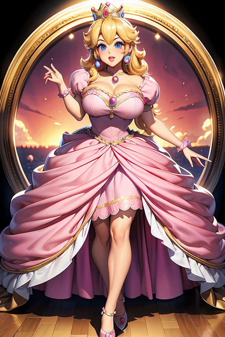 Princess peach, big tits wearing mini pink skirt and long white gloves , showing her pussy