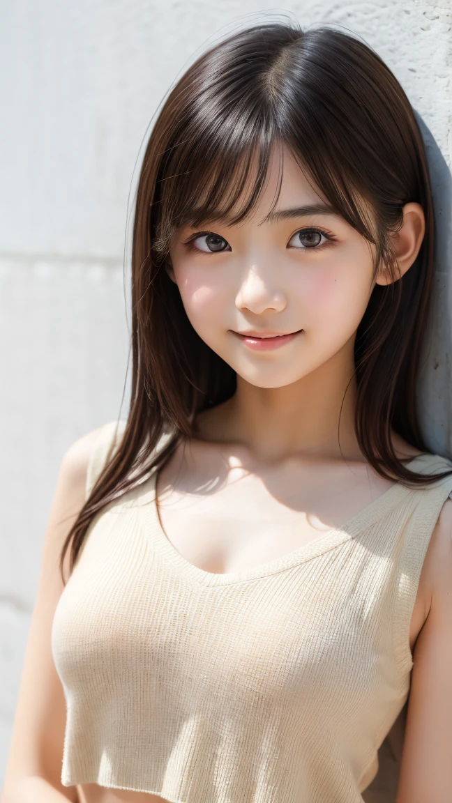 best quality, high-res, realistic photo, detailed skin texture, cute girl, shy, facing the camera, slim figure, small breasts, 14-year-old, charming gaze, Japanese girl, fair skin, white underwear, youthful appearance,