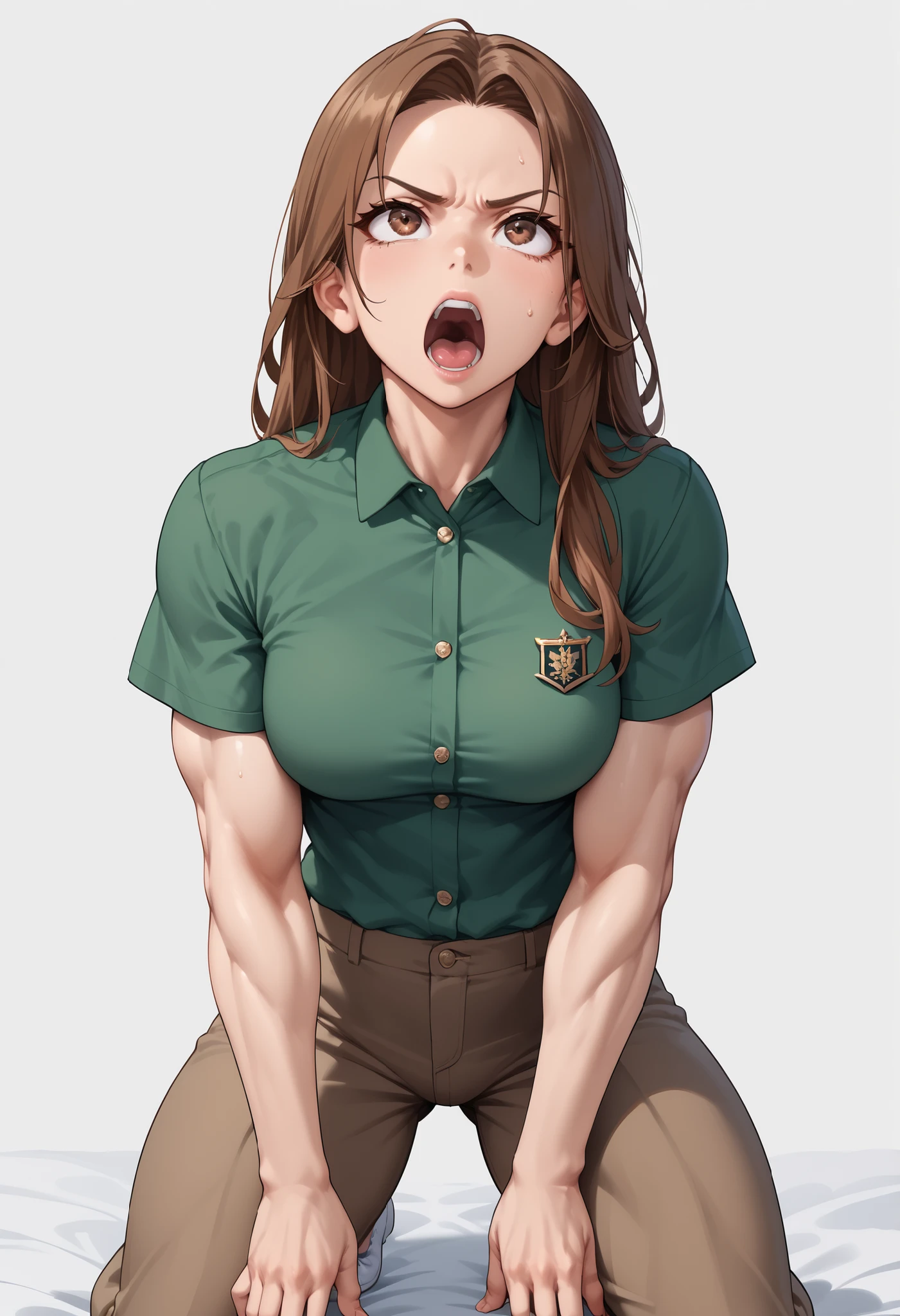 source_anime ,score_9, score_8_ up, score_7, ((White background)) ((Russian woman)) ((1girl)) (solo girl) ,30 years old, rathing_questionable (Green short sleeve polo shirt:1.4) (brown long pants:1.3) brown eyes , (brown Long hair) , straight hair ,((muscular:0.3)) ((breasts:0.5)) , ,open mouth ,strong , (sexy) tall , angry ((look up:1 . 4)) Screaming , kneeling
