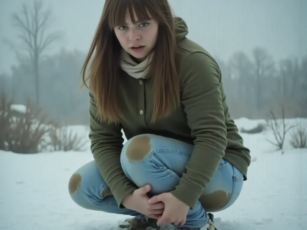 Girl pooped while holding down her with both hands in heavy snow