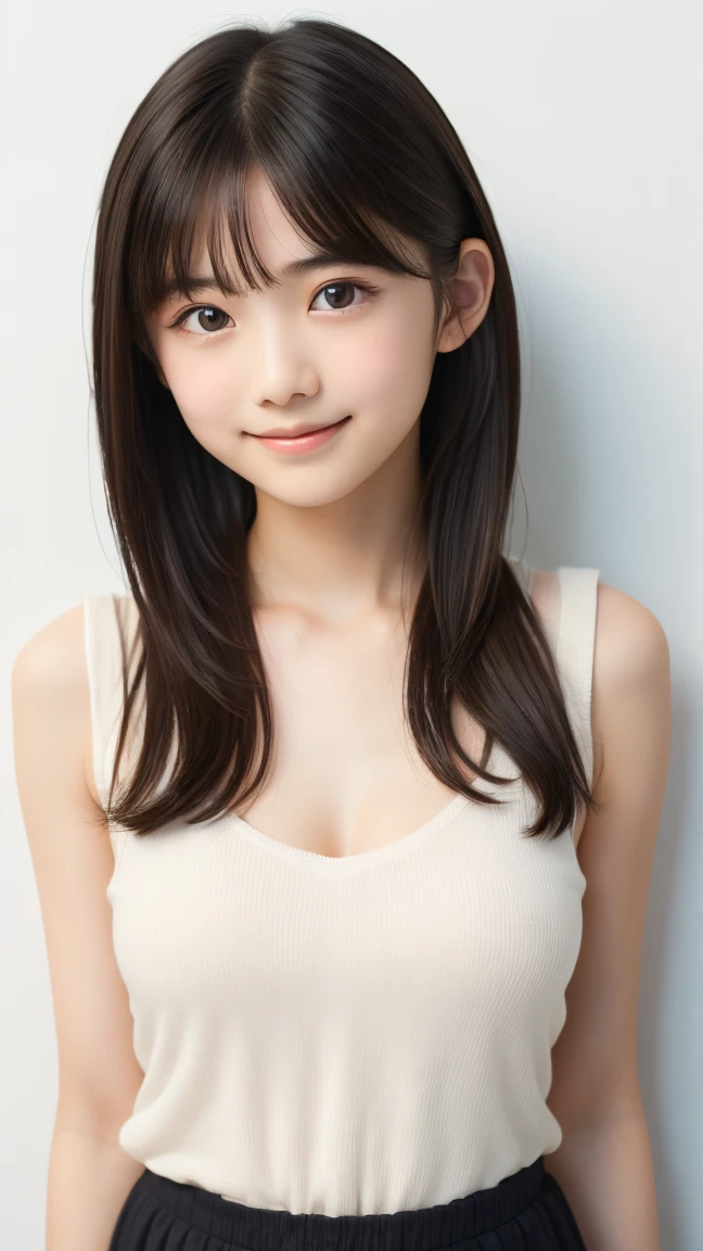 (Highest quality、Tabletop、8k、Best image quality、Award-winning works)、1. Cute girl、(Fluffy and elegant white open cardigan:1.1)、(An elegant open cardigan with a very smooth and fine texture.:1.1)、Perfect girl portrait photo、Glowing Skin、Brown Hair、(Cleavage:1.1)、Standing Elegantly、Small face、(Big beautiful eyes:1.1)、(Face close-up:1.1)、Woman looking up at me、Cute Smile、(The simplest beige background:1.1)