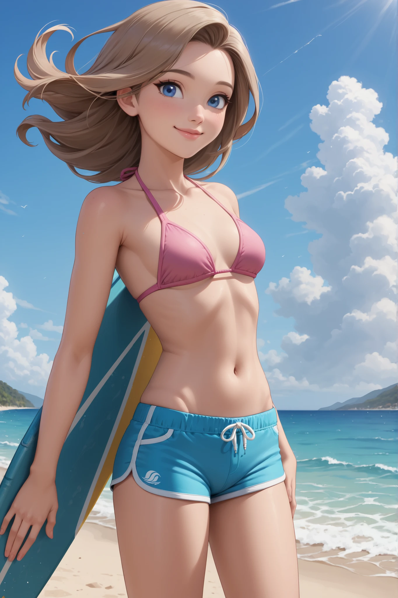 1girl, young woman, cute, blue eyes, light brown hair, lips, slim, medium sized chest, pink bikini, surfer swimming shorts, surf board, smiling, closed mouth, at the beach,